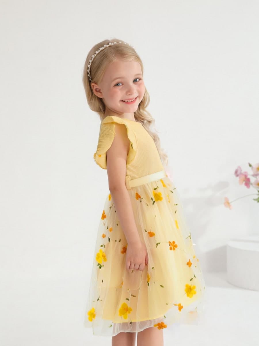 Sinhoon Toddler Girl Tulle Dress Summer Ruffle Sleeveless Baby Girl Fashion Casual Dresses 1-6Y, Flower Yellow, 5T thumbnail 4