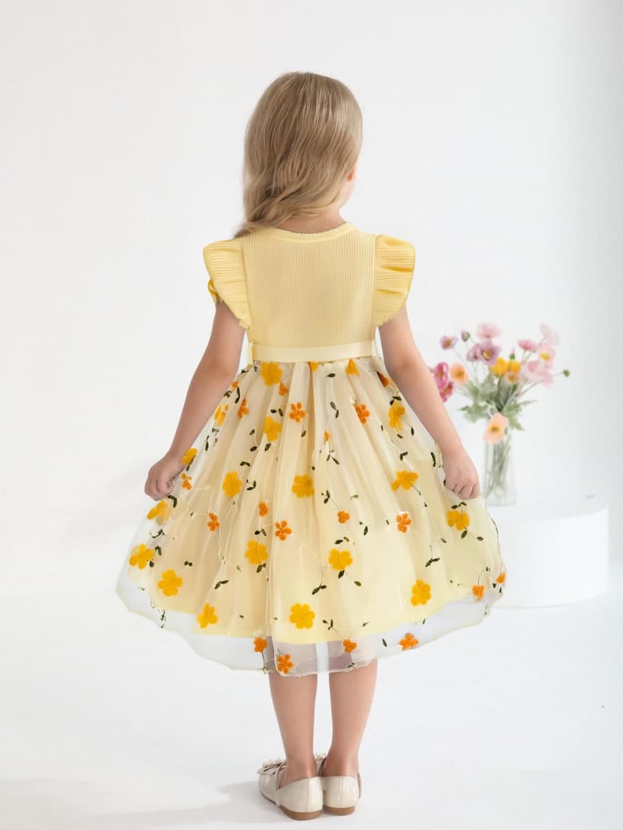 Sinhoon Toddler Girl Tulle Dress Summer Ruffle Sleeveless Baby Girl Fashion Casual Dresses 1-6Y, Flower Yellow, 5T thumbnail 5