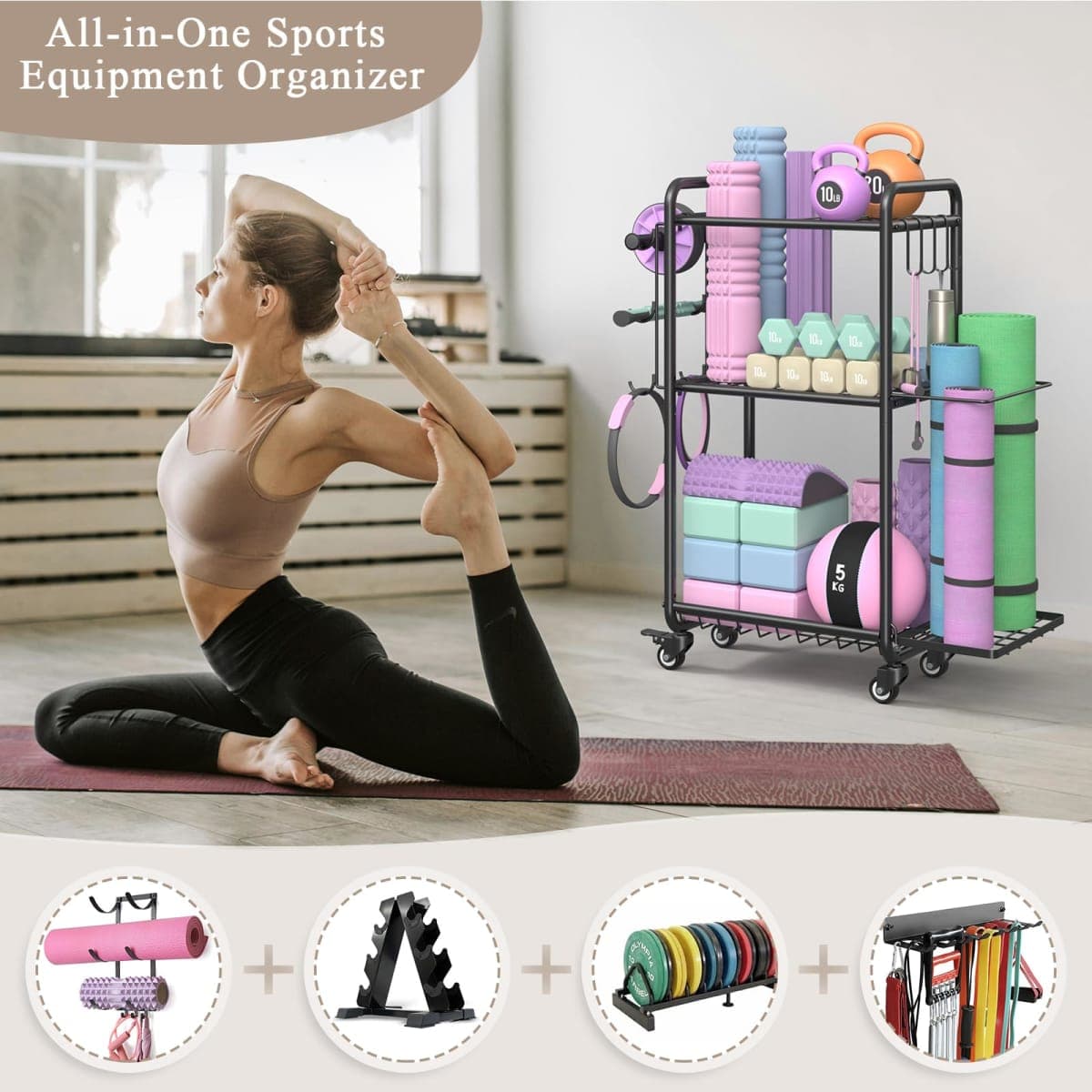 Home Fitness Storage Multifunctional Yoga Mat Shelf Sports Equipment Storage with Wheels & Hooks for Yoga Mats, Dumbbells, Foam Roller, Resistance Bands thumbnail 2