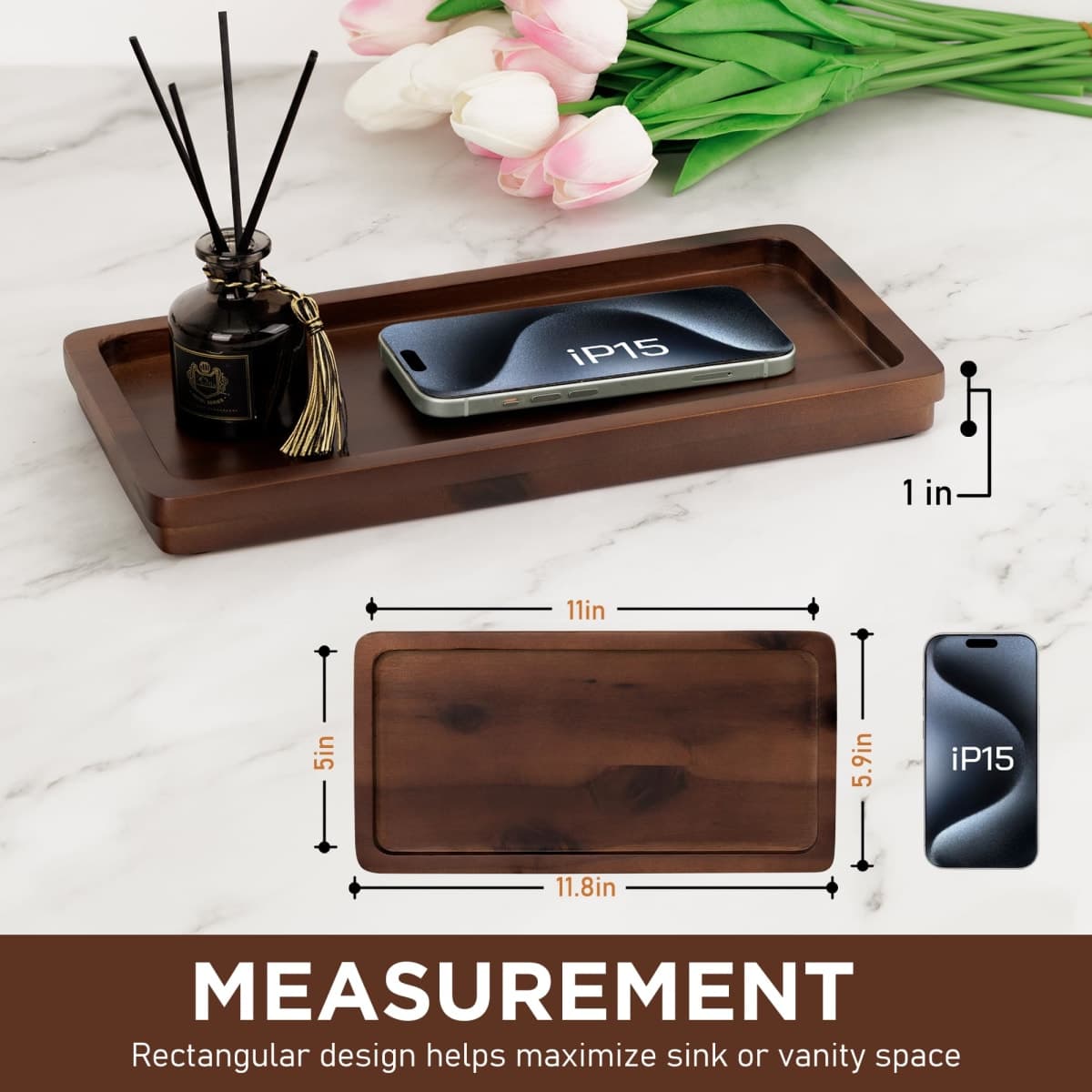 Bathroom Vanity Tray 11.8x5.9in of Acacia Wood - Elegant Organizer for Cosmetics, Jewelry, Perfume, Candle, Key - Premium Wood Tray for Bathroom, Kitchen, Countertop, Toilet Tank, Sink (Dark Brown) thumbnail 2