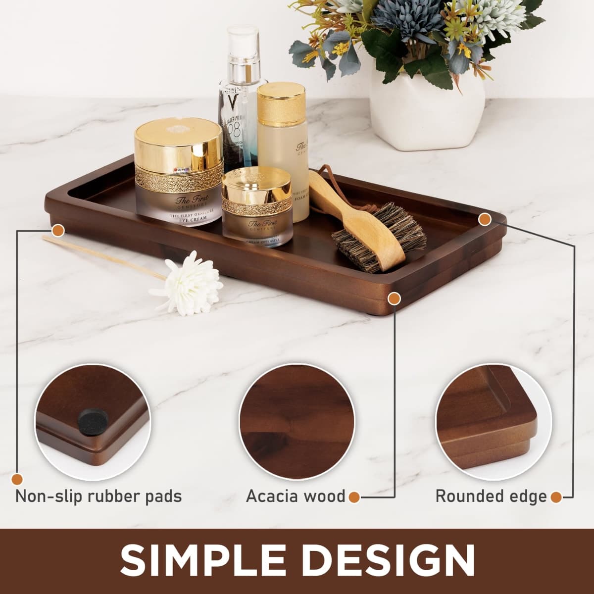 Bathroom Vanity Tray 11.8x5.9in of Acacia Wood - Elegant Organizer for Cosmetics, Jewelry, Perfume, Candle, Key - Premium Wood Tray for Bathroom, Kitchen, Countertop, Toilet Tank, Sink (Dark Brown) thumbnail 3