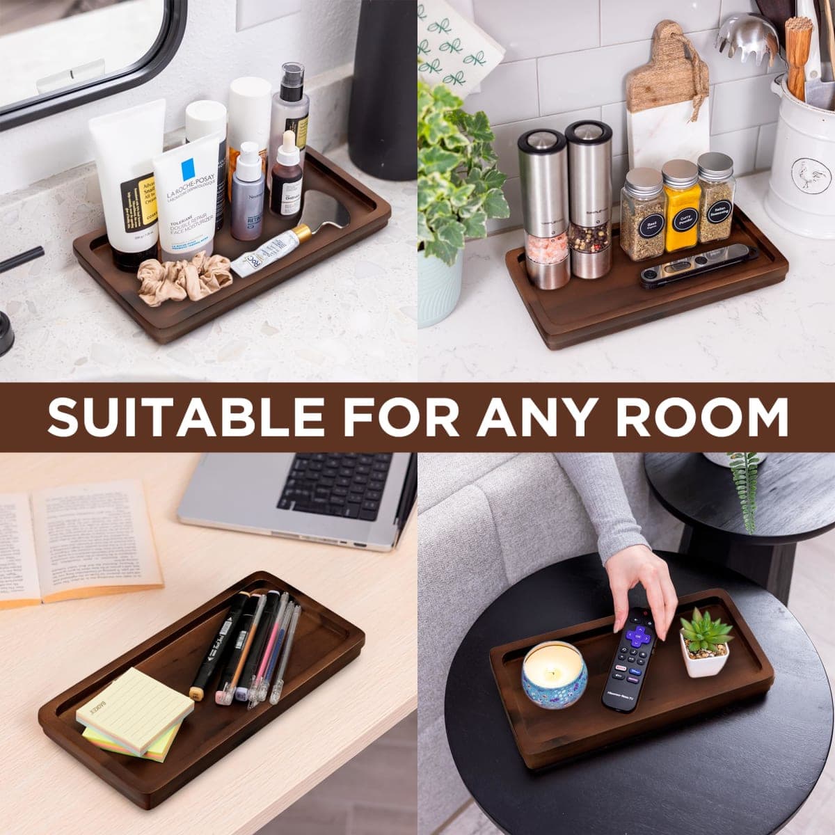 Bathroom Vanity Tray 11.8x5.9in of Acacia Wood - Elegant Organizer for Cosmetics, Jewelry, Perfume, Candle, Key - Premium Wood Tray for Bathroom, Kitchen, Countertop, Toilet Tank, Sink (Dark Brown) thumbnail 4