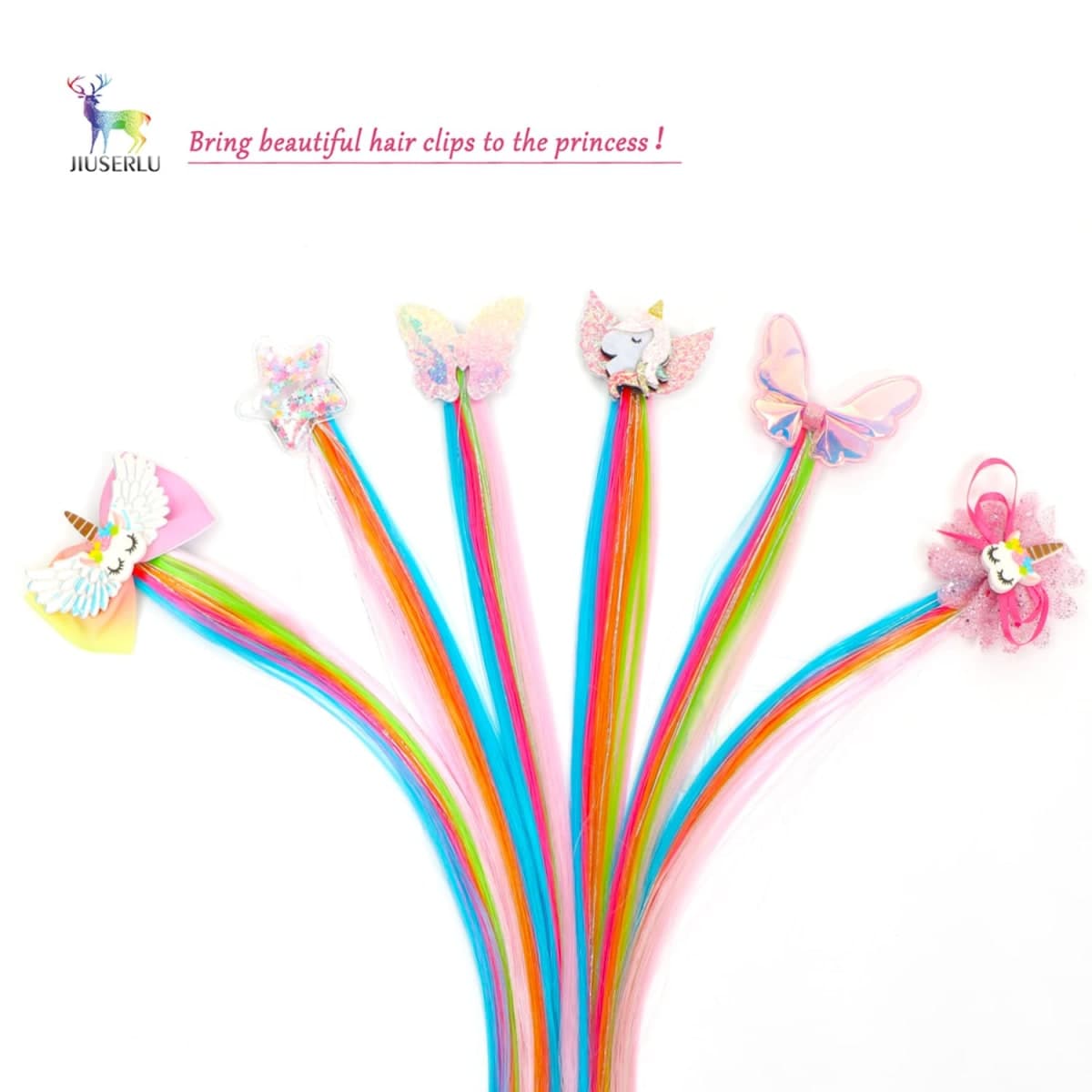 6 Pcs Hair Accessories for Girls, Bows for Girls, Unicorn Hair Clips with Colorful Ombre Hair Extensions thumbnail 2