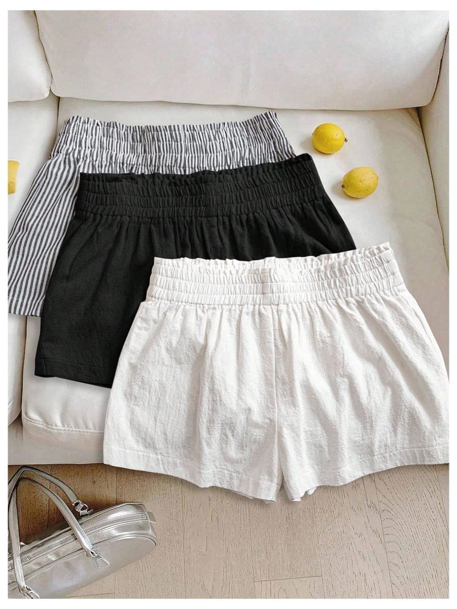 WDIRARA Women's 3 Pack Linen Shorts Elastic Waist Comfy Soft Lounge Shorts, Black and White, Small thumbnail 2
