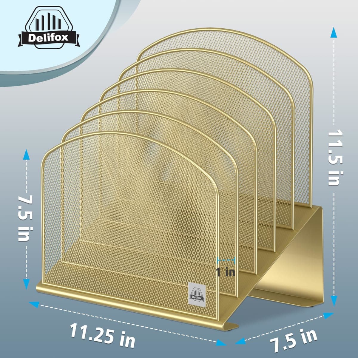 Delifox Inclined Desk File Organizer, 5-Section Vertical File Folder Holder Stand Metal Rack File Sorter for Office Classroom Desktop Organization (Gold, 1Pack) thumbnail 2
