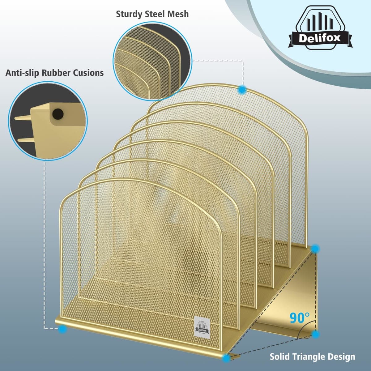 Delifox Inclined Desk File Organizer, 5-Section Vertical File Folder Holder Stand Metal Rack File Sorter for Office Classroom Desktop Organization (Gold, 1Pack) thumbnail 3