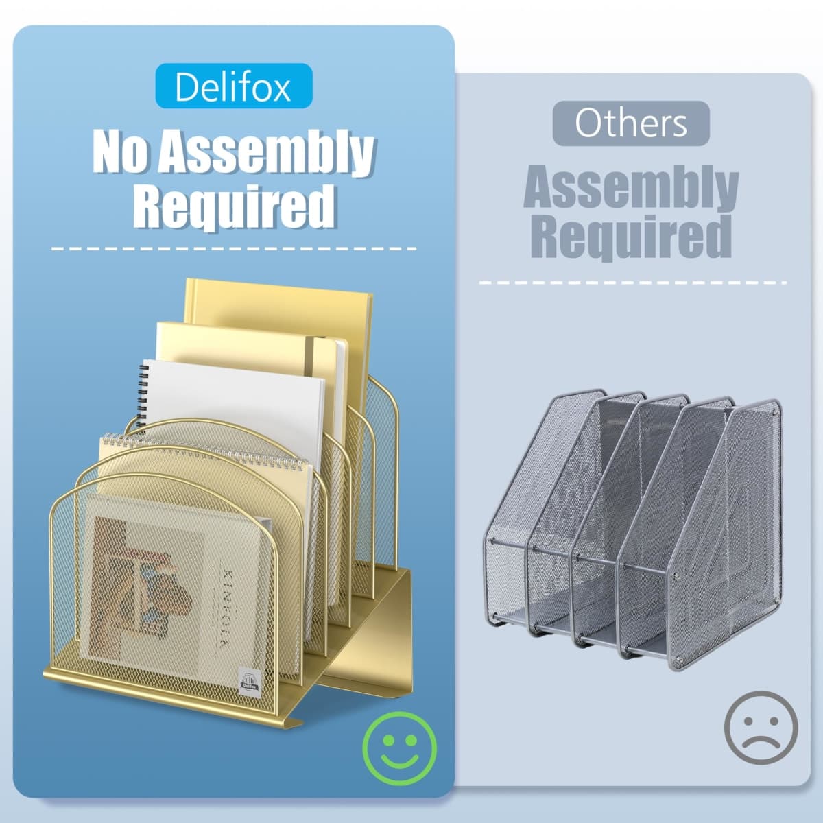 Delifox Inclined Desk File Organizer, 5-Section Vertical File Folder Holder Stand Metal Rack File Sorter for Office Classroom Desktop Organization (Gold, 1Pack) thumbnail 4