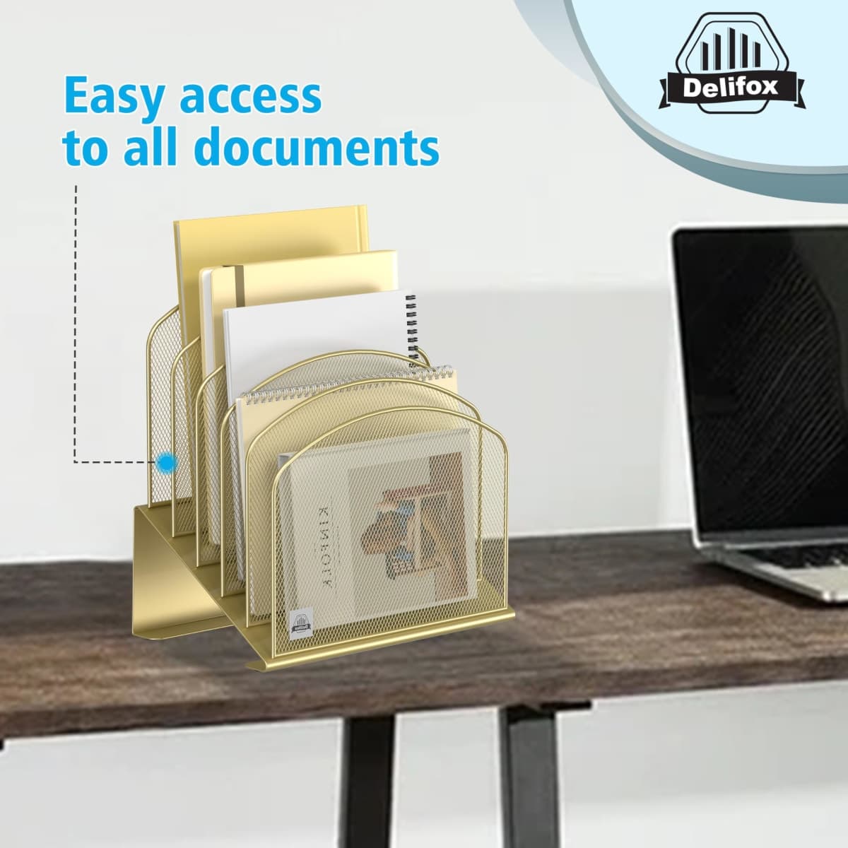 Delifox Inclined Desk File Organizer, 5-Section Vertical File Folder Holder Stand Metal Rack File Sorter for Office Classroom Desktop Organization (Gold, 1Pack) thumbnail 5