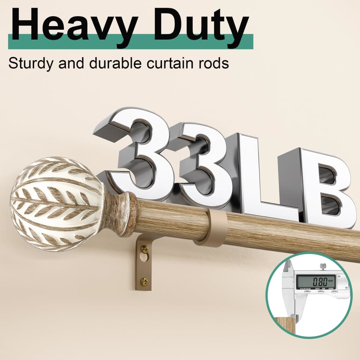 QDWIS 2 Pack Boho Wood Curtain Rods for Windows 28 to 48 inch,1" Adjustable Heavy Duty Window Curtain Rod with Imitation Wood Grain Finials,Rustic Decorative Drapery Rods Set 18-60'',Weathered Wood thumbnail 4