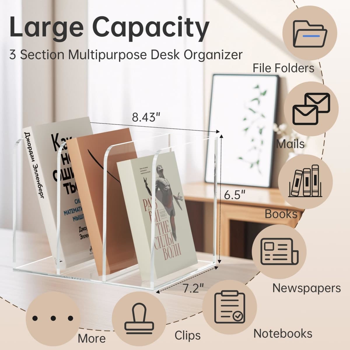 POCFOINY 3 Vertical Compartments File Folder Holder, Acrylic File Sorter for Home Office School thumbnail 2