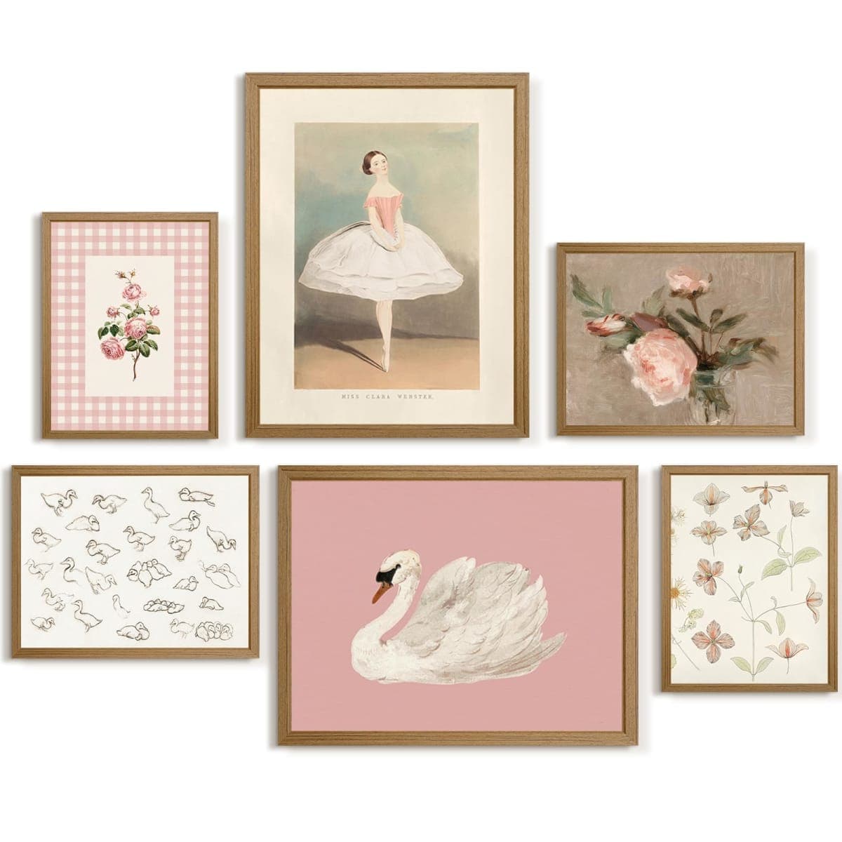 Nursery Pink Wall Art Decor Baby Girl Canvas Wall Art Vintage Floral Prints Kids Room Wall Decor Preppy Flower Poster Antique Pink Pictures Swans Painting for Girls Room Bedroom 12x16x6 Inch Framed — image 1