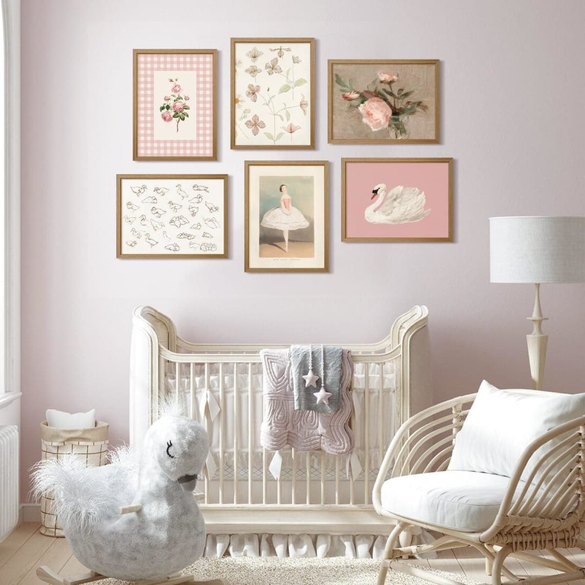 Nursery Pink Wall Art Decor Baby Girl Canvas Wall Art Vintage Floral Prints Kids Room Wall Decor Preppy Flower Poster Antique Pink Pictures Swans Painting for Girls Room Bedroom 12x16x6 Inch Framed thumbnail 3