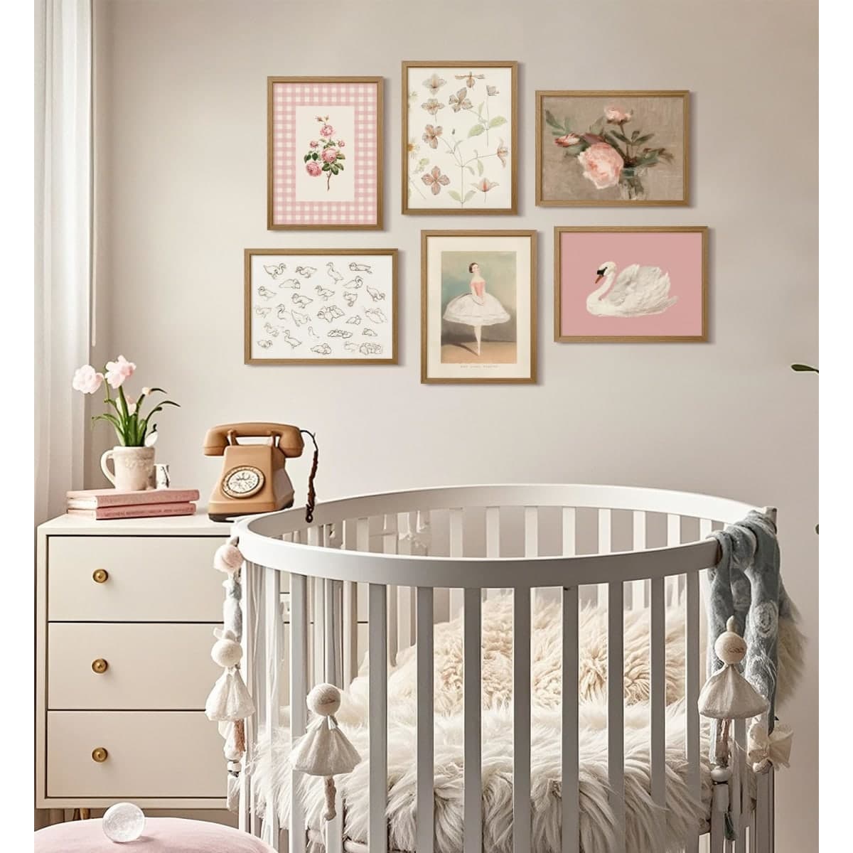Nursery Pink Wall Art Decor Baby Girl Canvas Wall Art Vintage Floral Prints Kids Room Wall Decor Preppy Flower Poster Antique Pink Pictures Swans Painting for Girls Room Bedroom 12x16x6 Inch Framed thumbnail 5