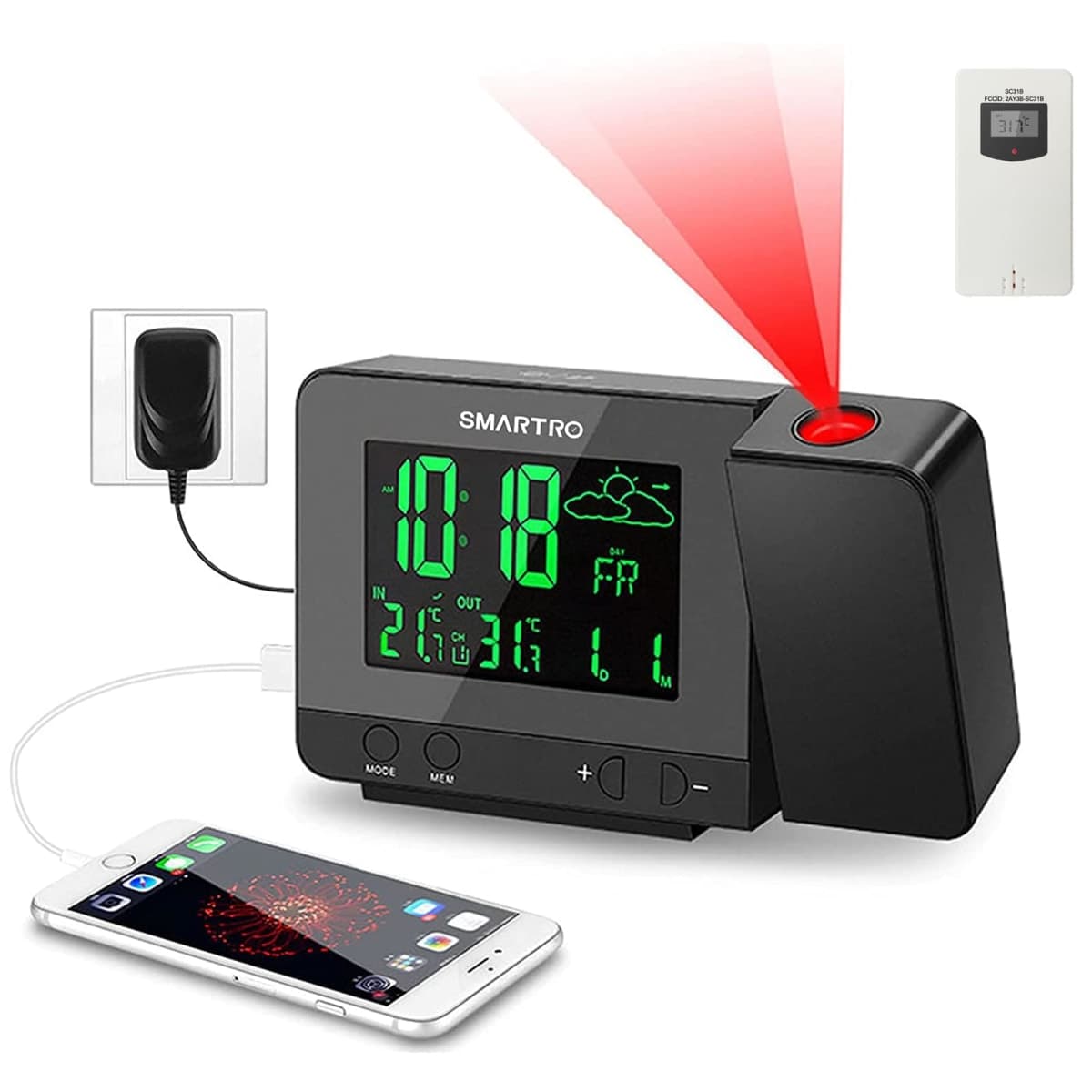SMARTRO Digital Projection Alarm Clock with Weather Station, Indoor Outdoor Thermometer, USB Charger, Dual Alarm Clocks for Bedrooms, AC & Battery Operated — image 1
