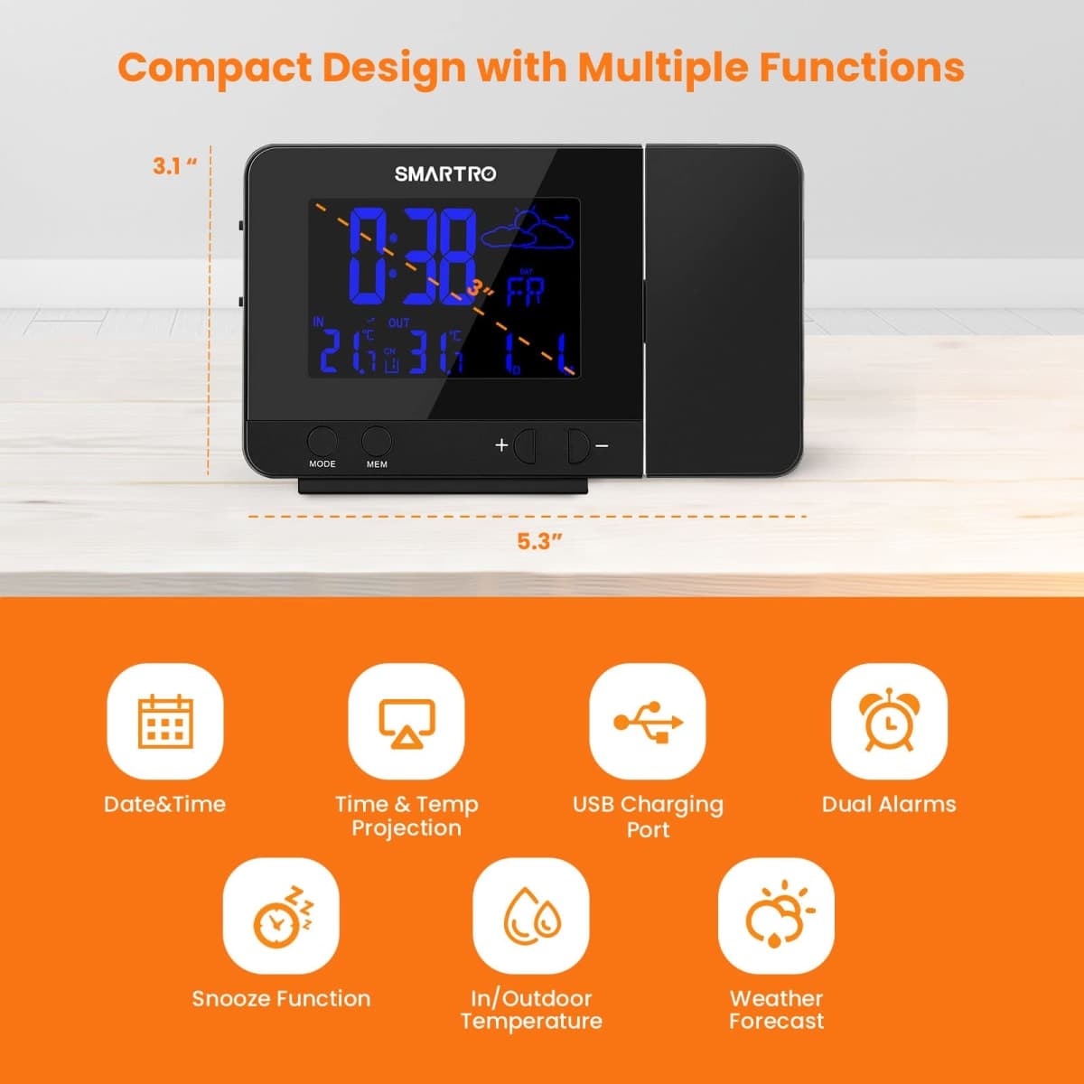 SMARTRO Digital Projection Alarm Clock with Weather Station, Indoor Outdoor Thermometer, USB Charger, Dual Alarm Clocks for Bedrooms, AC & Battery Operated thumbnail 3