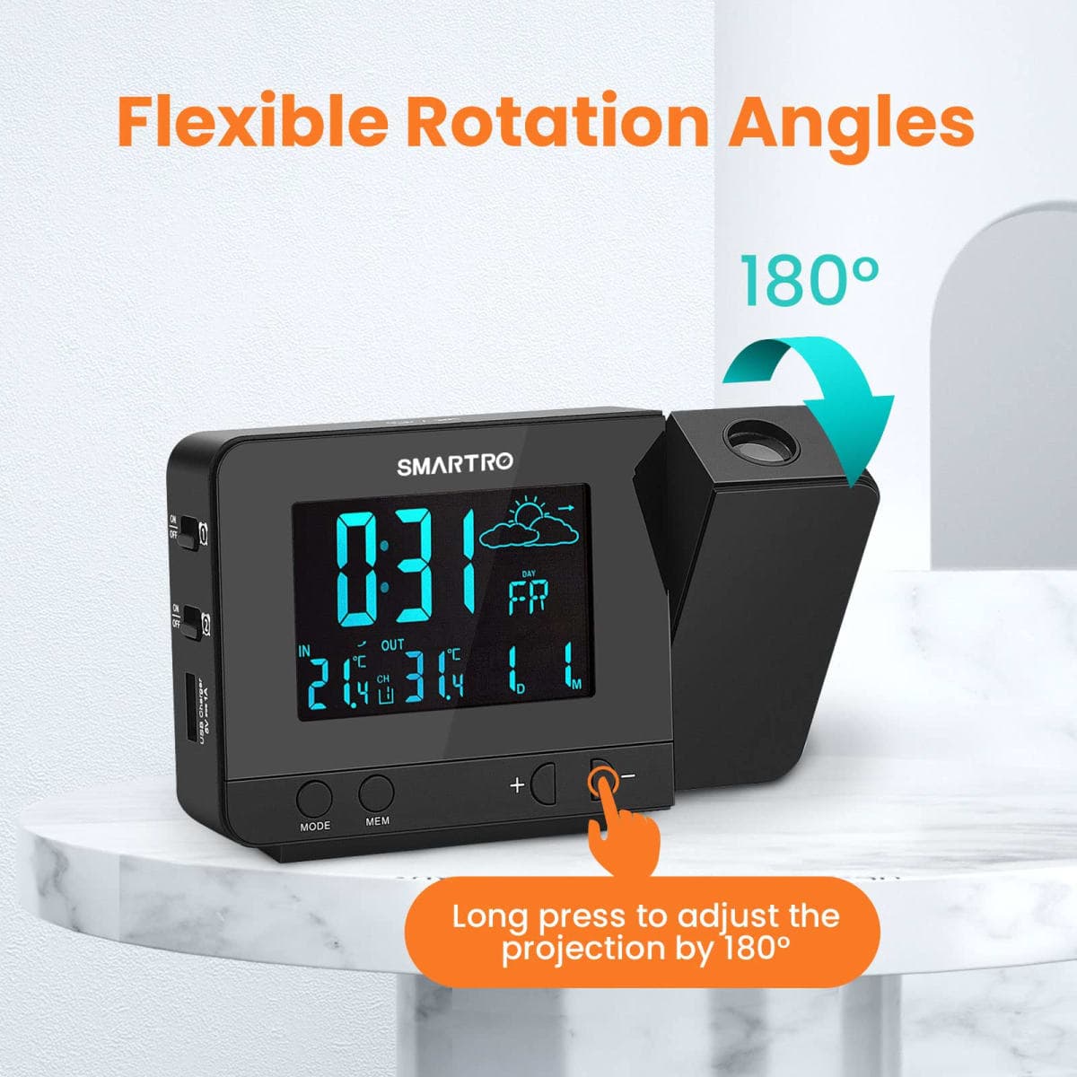 SMARTRO Digital Projection Alarm Clock with Weather Station, Indoor Outdoor Thermometer, USB Charger, Dual Alarm Clocks for Bedrooms, AC & Battery Operated thumbnail 4