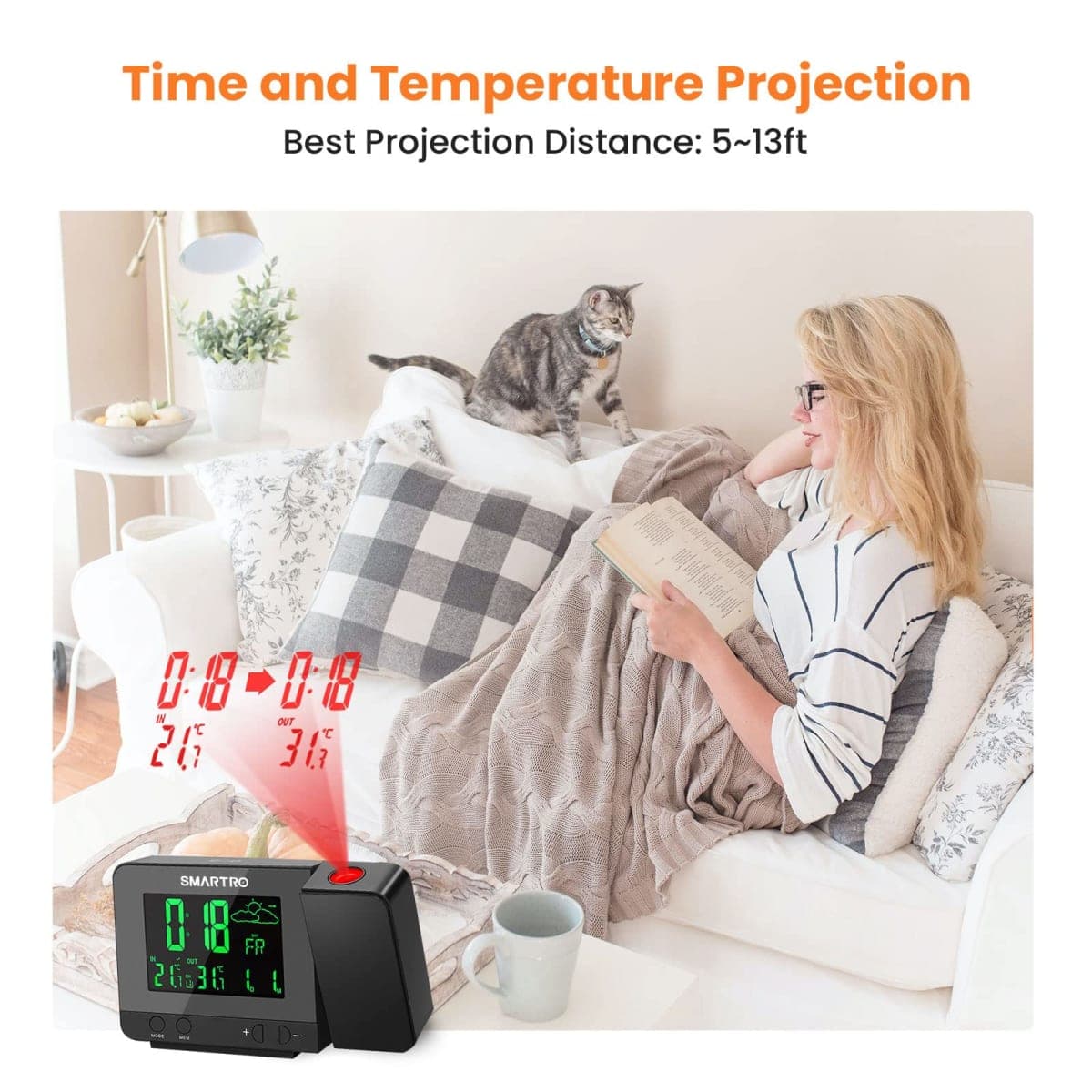 SMARTRO Digital Projection Alarm Clock with Weather Station, Indoor Outdoor Thermometer, USB Charger, Dual Alarm Clocks for Bedrooms, AC & Battery Operated thumbnail 5