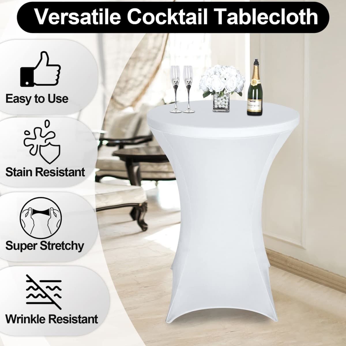 FestiCorp Spandex Table Cover, Cocktail Fitted Tablecloths, Round Highboy Stretch Table Covers Cloths for Party, DJ, Bar, Wedding, Birthday, Banquet, White, 30"-32" Diameter x 40"-43" Height thumbnail 2