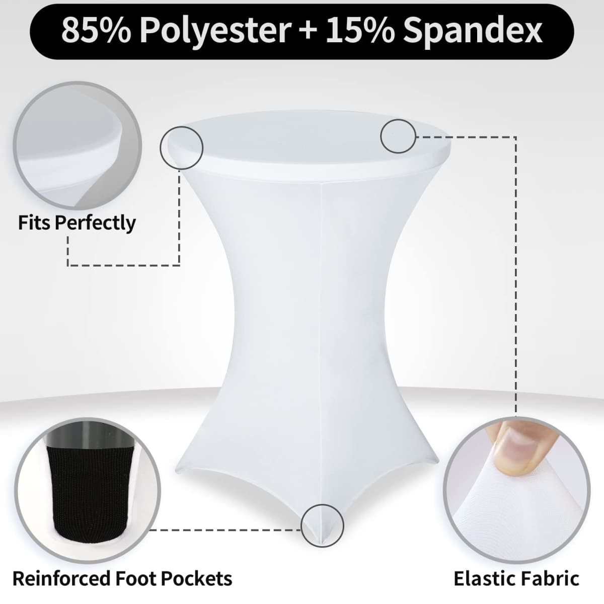 FestiCorp Spandex Table Cover, Cocktail Fitted Tablecloths, Round Highboy Stretch Table Covers Cloths for Party, DJ, Bar, Wedding, Birthday, Banquet, White, 30"-32" Diameter x 40"-43" Height thumbnail 4