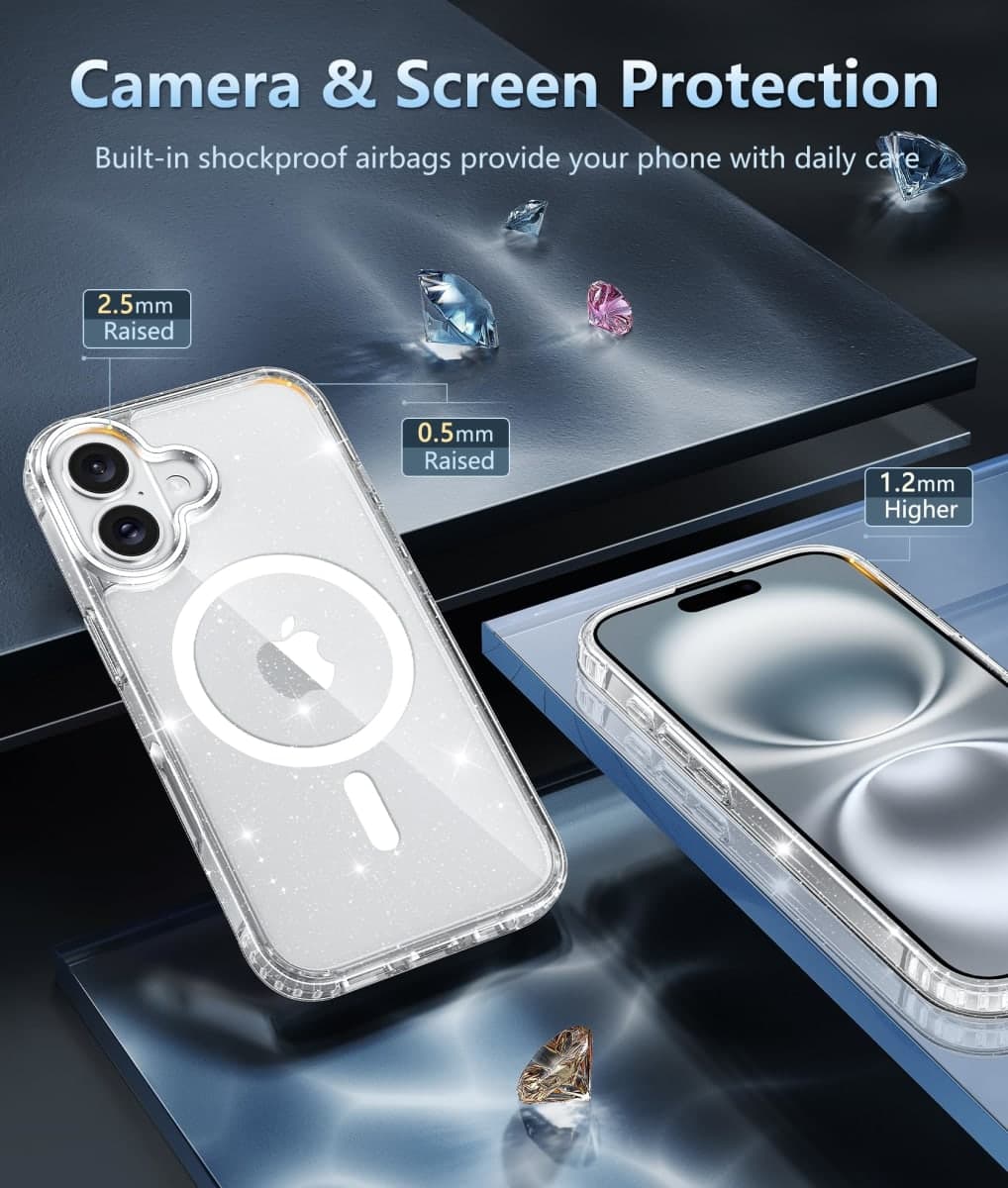 FNTCASE for iPhone 16 Plus Case: Clear Magnetic Phone Cases Compatible with Magsafe Slim Anti Yellowing Military Grade Drop Rugged Protective Transparent Cell Phone Cover (B-Glitter Magnetic) thumbnail 3
