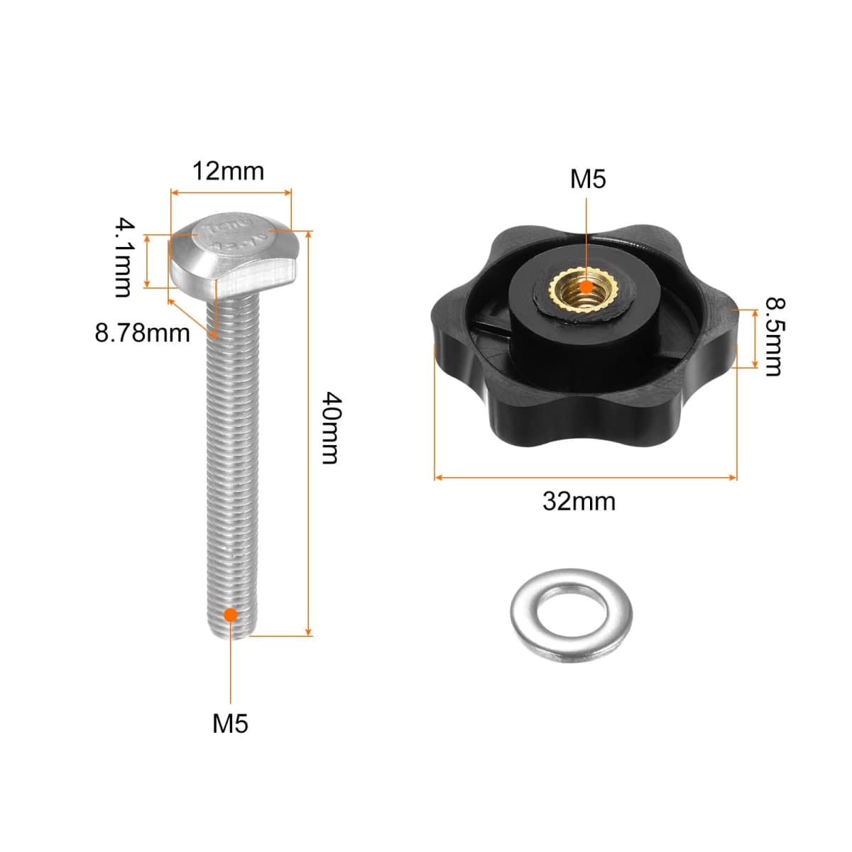 10Set T Track Bolts Knob Kit M5 x 40mm Threaded Bolts M5 x 32mm Hex Hand Nut Clamping Knob with Washer for Woodworking Jigs and Fixtures, Black thumbnail 2