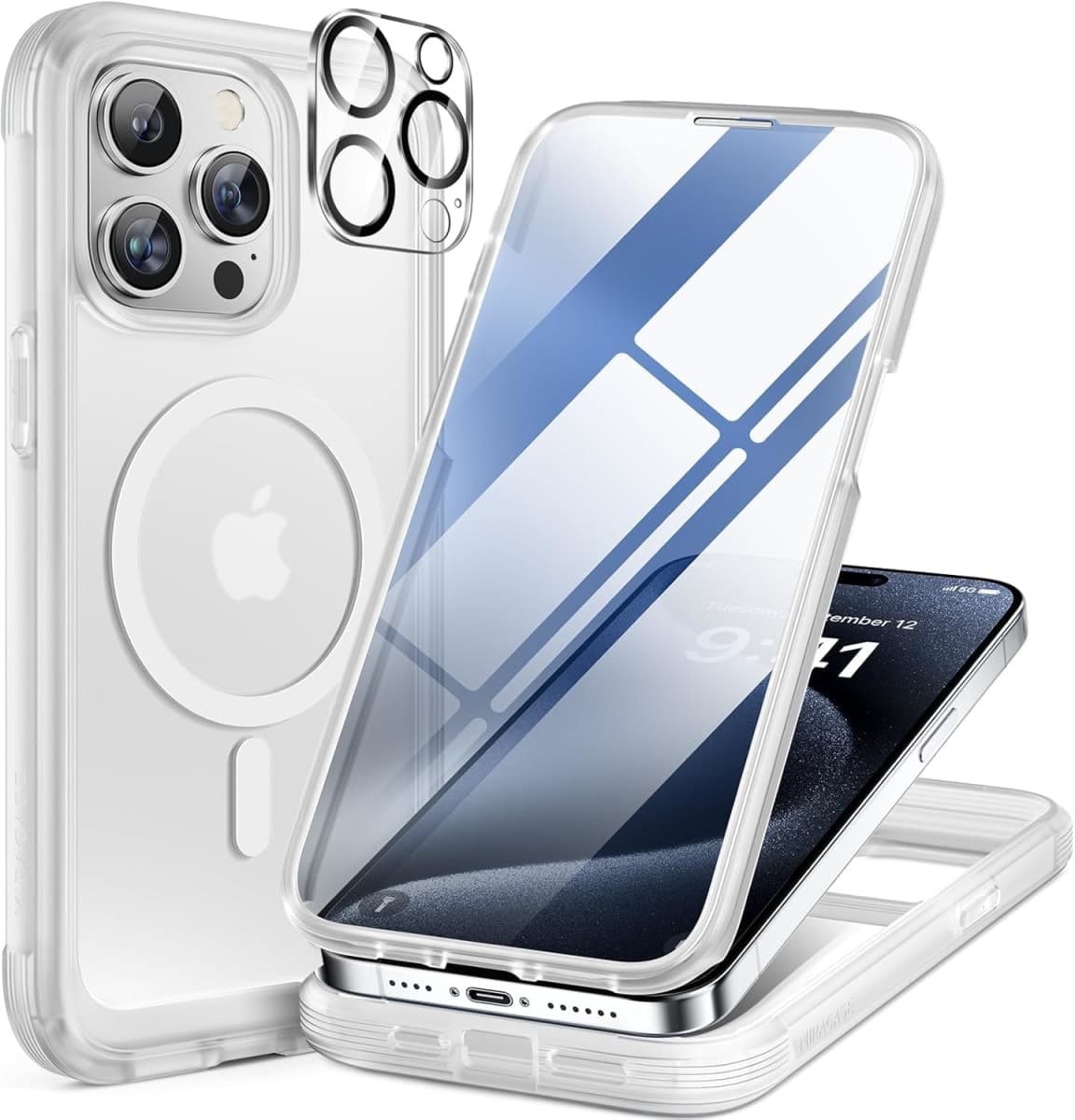Miracase Magnetic for iPhone 15 Pro Max Case 6.7'' [Compatible with Magsafe] Full-Body Drop Proof Phone Case for iPhone 15 Pro Max with Built-in 9H Tempered Glass Screen Protector,Matte White — image 1