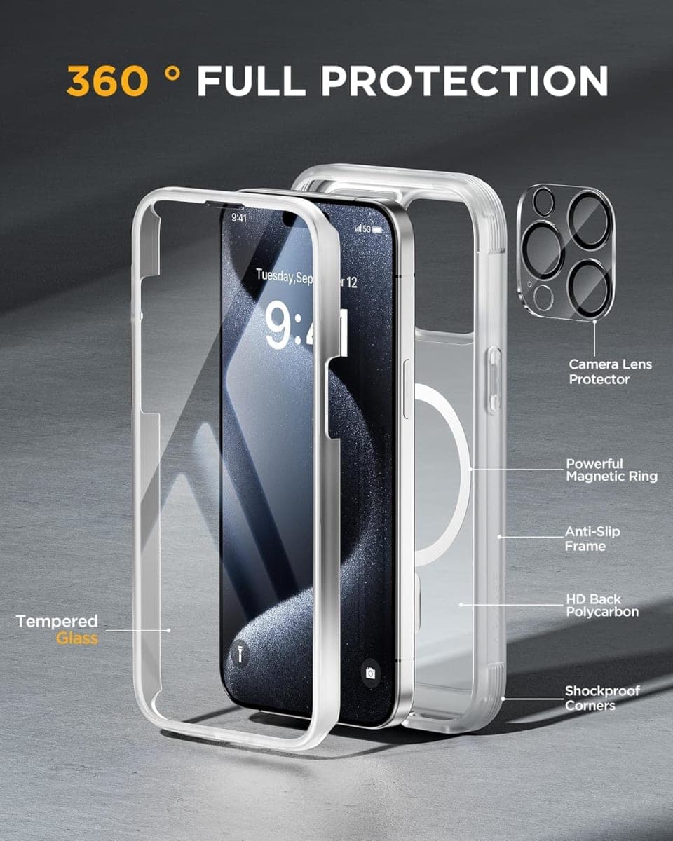Miracase Magnetic for iPhone 15 Pro Max Case 6.7'' [Compatible with Magsafe] Full-Body Drop Proof Phone Case for iPhone 15 Pro Max with Built-in 9H Tempered Glass Screen Protector,Matte White thumbnail 2