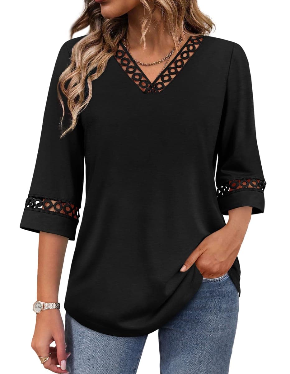 WIHOLL 3/4 Length Sleeve Womens Tops Dressy Casual Blouses Trendy Lace V Neck T Shirts, Back, Large thumbnail 2