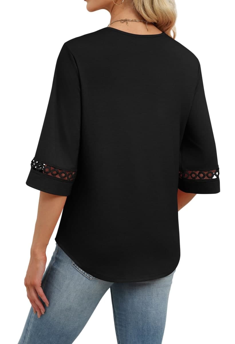WIHOLL 3/4 Length Sleeve Womens Tops Dressy Casual Blouses Trendy Lace V Neck T Shirts, Back, Large thumbnail 3