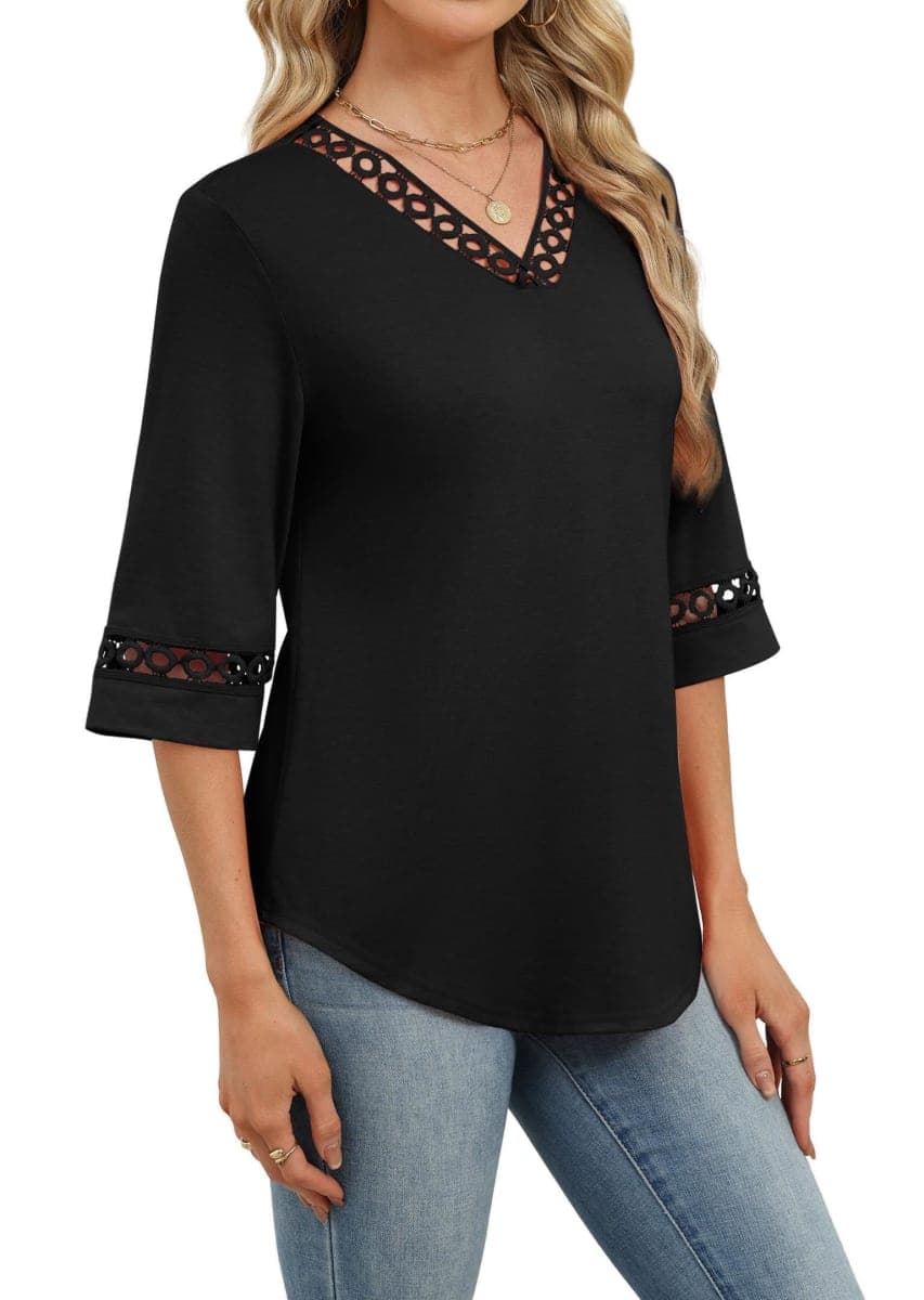 WIHOLL 3/4 Length Sleeve Womens Tops Dressy Casual Blouses Trendy Lace V Neck T Shirts, Back, Large thumbnail 5