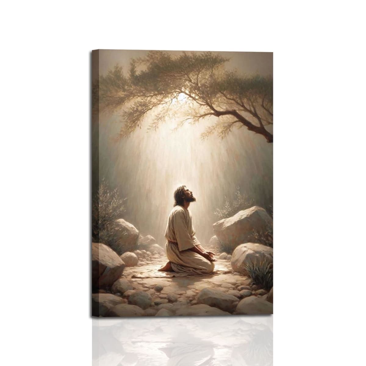 Jesus Praying framed wall art, Religious Prayer Canvas Painting, Christian Poster, Bible Artwork, Bedroom, Church, Home Decor Poster,Ready to Hang 12x16in