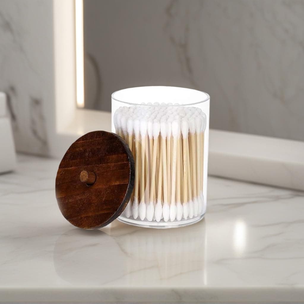 Swabs Dispenser - Swabs Holder Bathroom Container With Apothecary Jar Organizer - Brown Wood Lids For Easy Storage 3 pack thumbnail 3