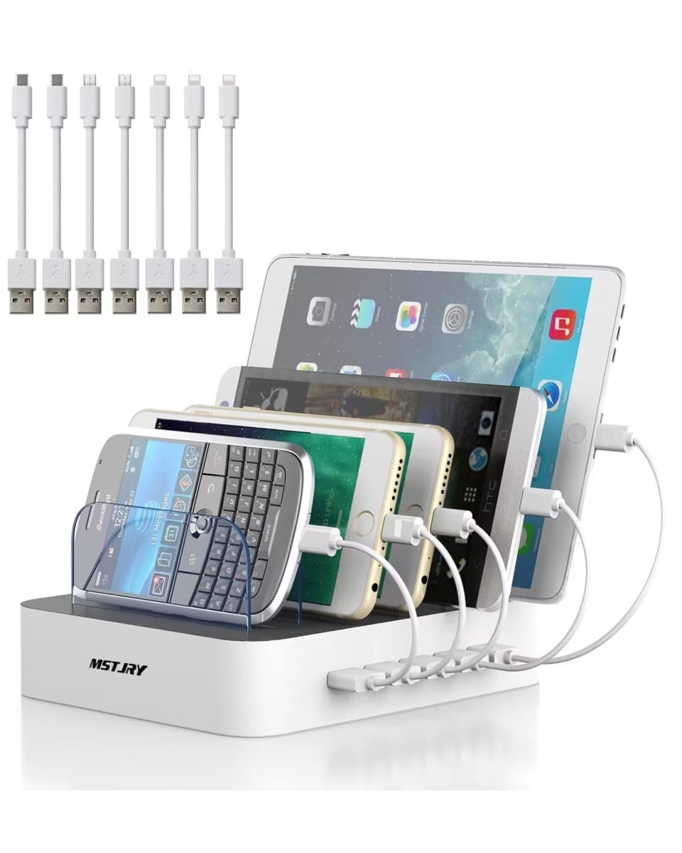 MSTJRY Charging Station for Multiple Devices : 5 Port Multi USB-A Charger Stations Multi-Device Organizer Charging Dock Designed for iPhone iPad Cell Phone Tablets (7 Short Cables Included) — image 1