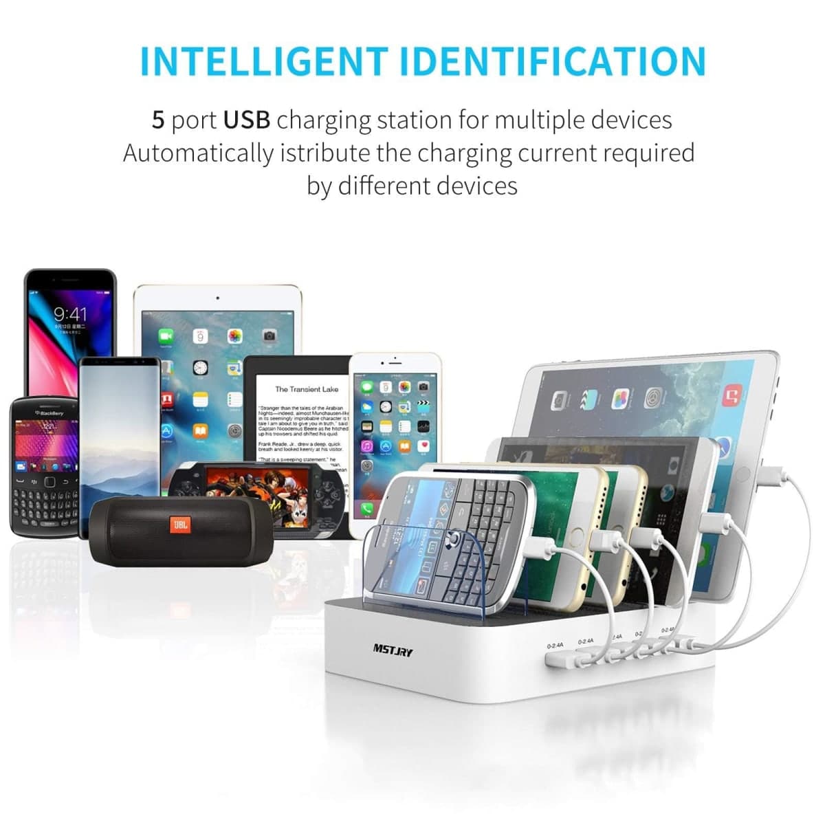 MSTJRY Charging Station for Multiple Devices : 5 Port Multi USB-A Charger Stations Multi-Device Organizer Charging Dock Designed for iPhone iPad Cell Phone Tablets (7 Short Cables Included) thumbnail 4