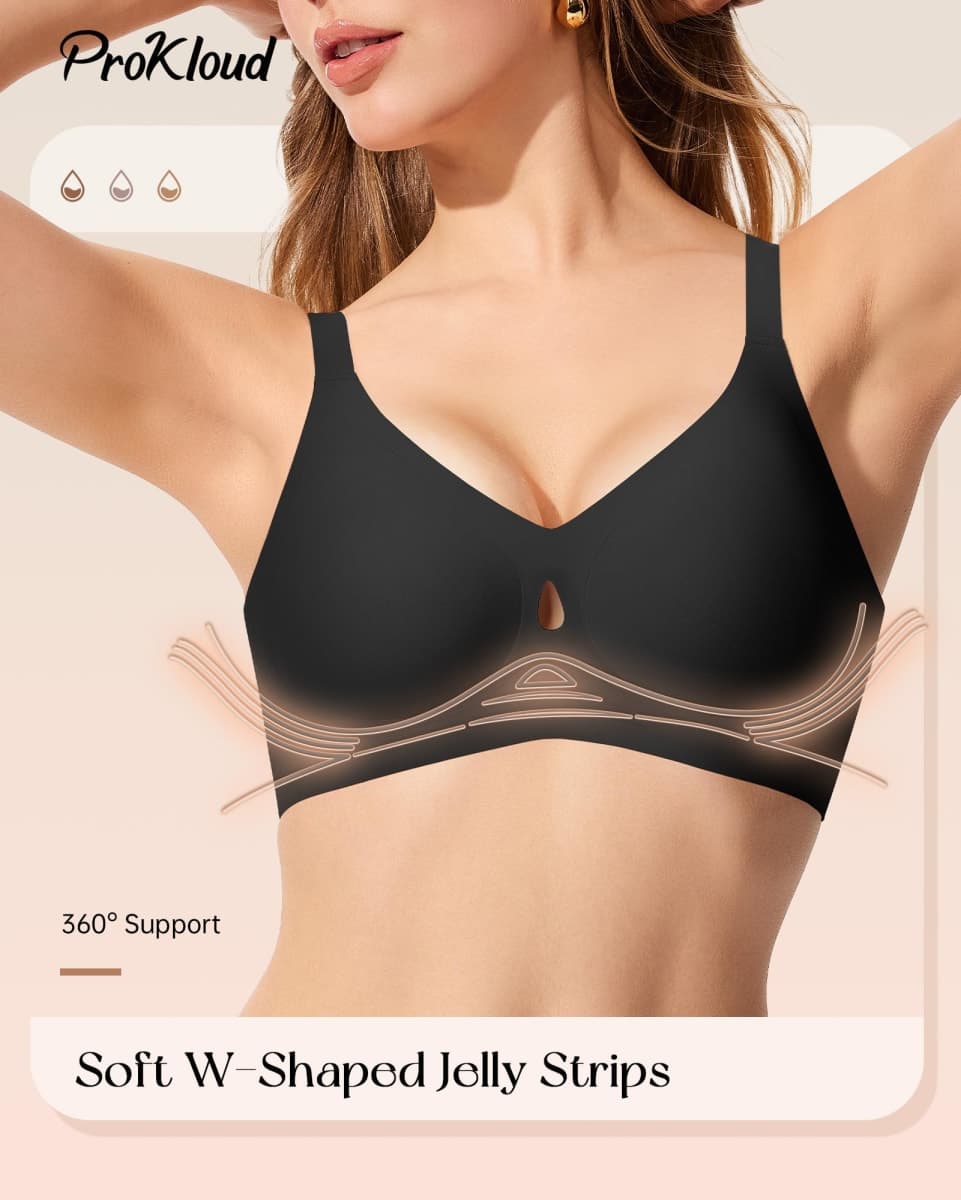 ProKloud Bras for Women Wireless Push Up Bras Comfortable Seamless Full Coverage Bralettes V Neck Full Support T Shirt Bra Black thumbnail 2