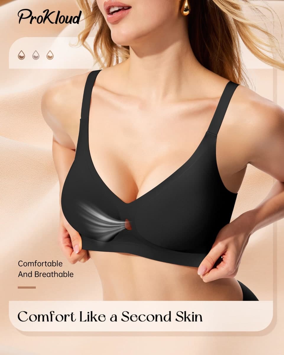 ProKloud Bras for Women Wireless Push Up Bras Comfortable Seamless Full Coverage Bralettes V Neck Full Support T Shirt Bra Black thumbnail 3