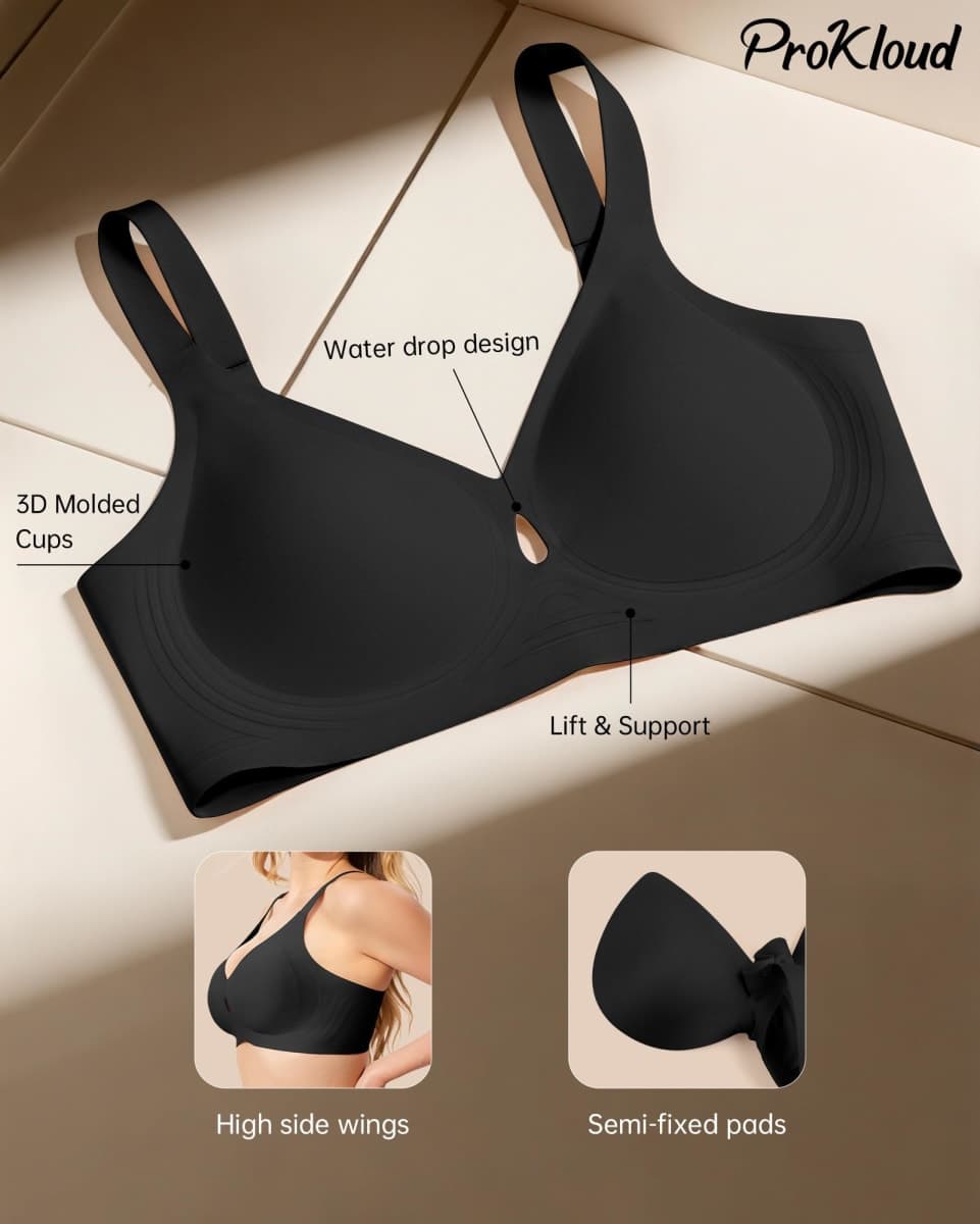 ProKloud Bras for Women Wireless Push Up Bras Comfortable Seamless Full Coverage Bralettes V Neck Full Support T Shirt Bra Black thumbnail 5