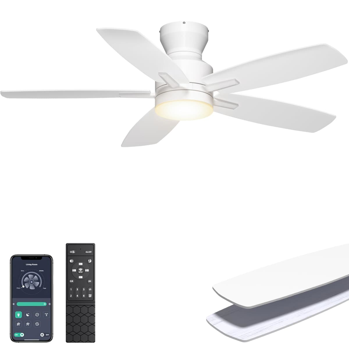 Ohniyou 42'' Ceiling Fans with Lights, Low Profile Ceiling Fan with Light and Remote/APP Control, Modern Flush Mount Ceiling Fan for Indoor Bedroom Kitchen, Dimmable, Qiuet DC Motor, White — image 1