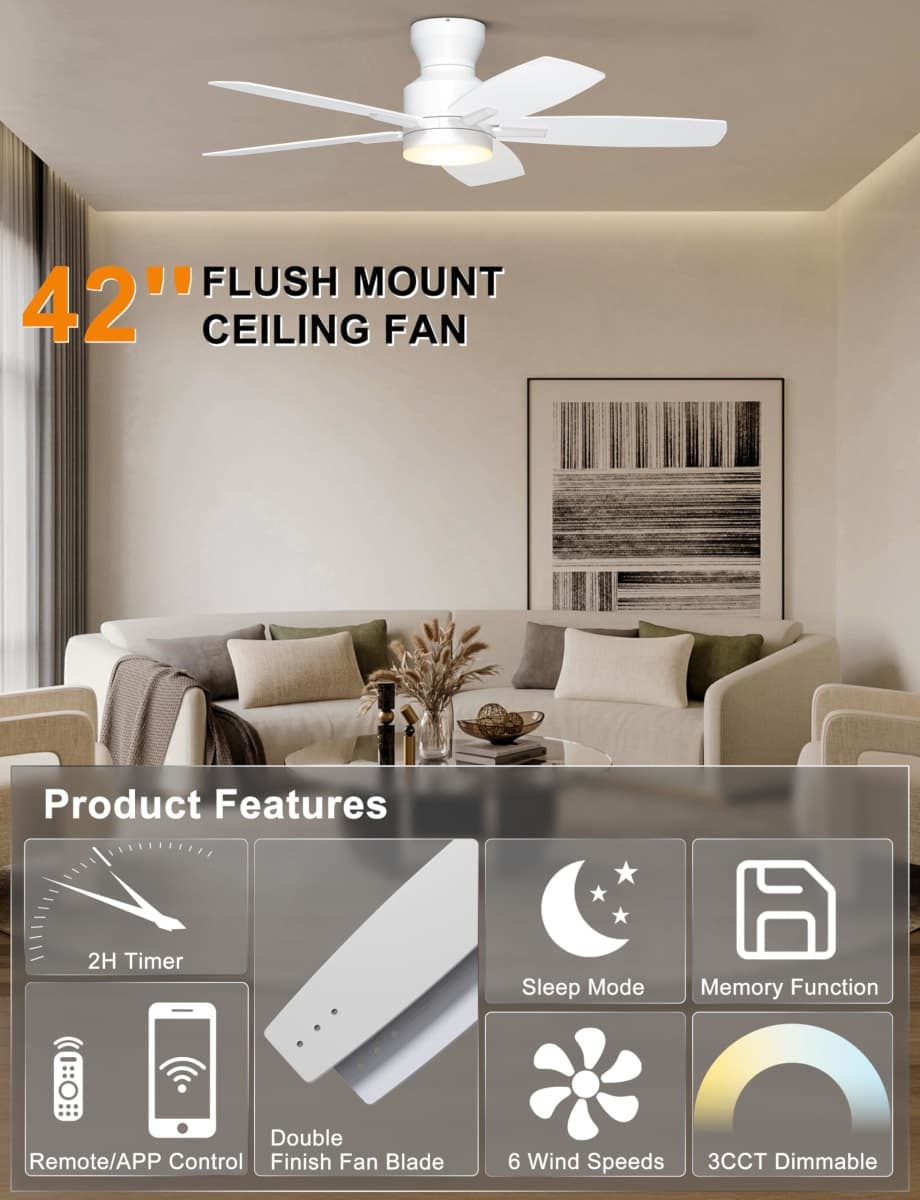Ohniyou 42'' Ceiling Fans with Lights, Low Profile Ceiling Fan with Light and Remote/APP Control, Modern Flush Mount Ceiling Fan for Indoor Bedroom Kitchen, Dimmable, Qiuet DC Motor, White thumbnail 3