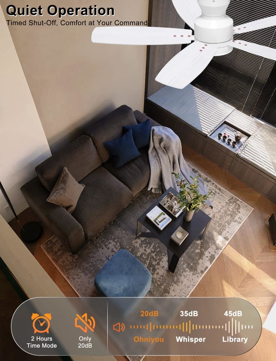 Ohniyou 42'' Ceiling Fans with Lights, Low Profile Ceiling Fan with Light and Remote/APP Control, Modern Flush Mount Ceiling Fan for Indoor Bedroom Kitchen, Dimmable, Qiuet DC Motor, White thumbnail 5