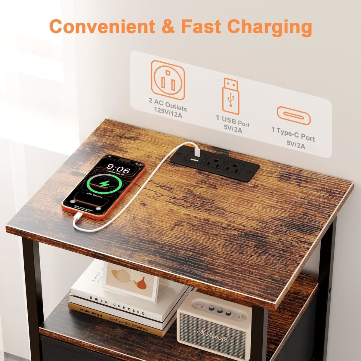 Smoproper Nightstand with Charging Station, Bedsid End Table with 2 Fabric Drawer for Bedroom, Side Tables Living Room with USB Ports and Outlets, Rustic Brown and Black thumbnail 2
