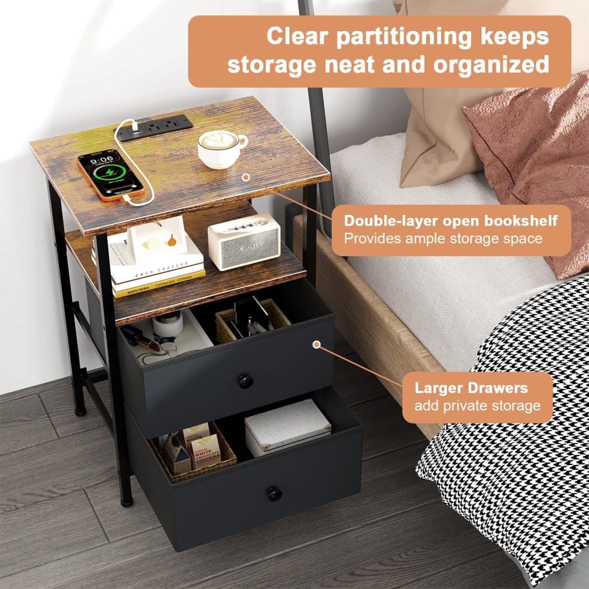 Smoproper Nightstand with Charging Station, Bedsid End Table with 2 Fabric Drawer for Bedroom, Side Tables Living Room with USB Ports and Outlets, Rustic Brown and Black thumbnail 3