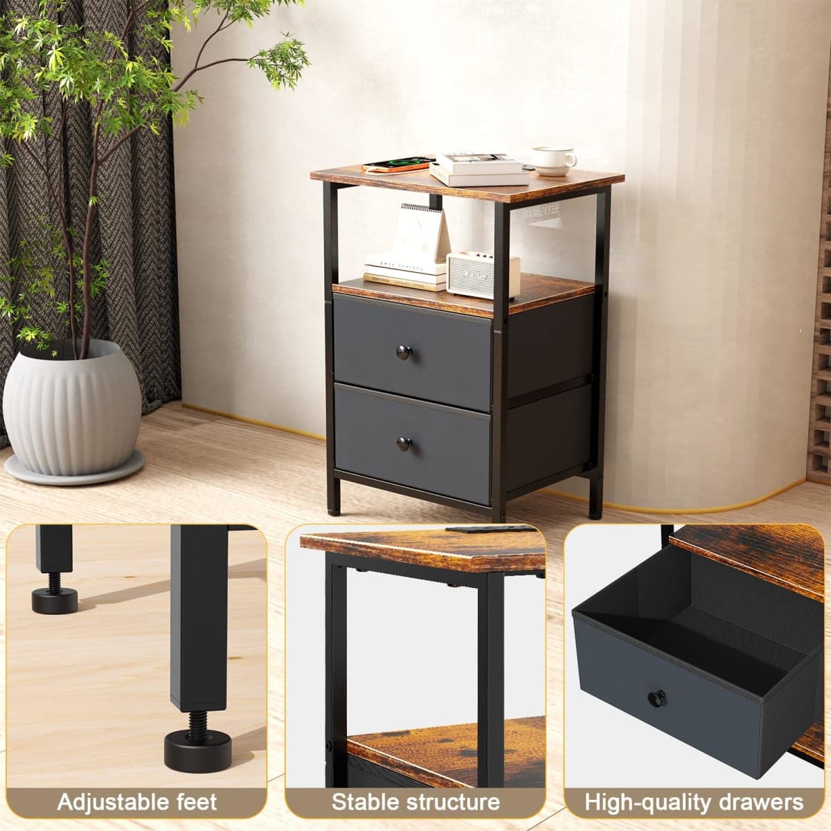 Smoproper Nightstand with Charging Station, Bedsid End Table with 2 Fabric Drawer for Bedroom, Side Tables Living Room with USB Ports and Outlets, Rustic Brown and Black thumbnail 4