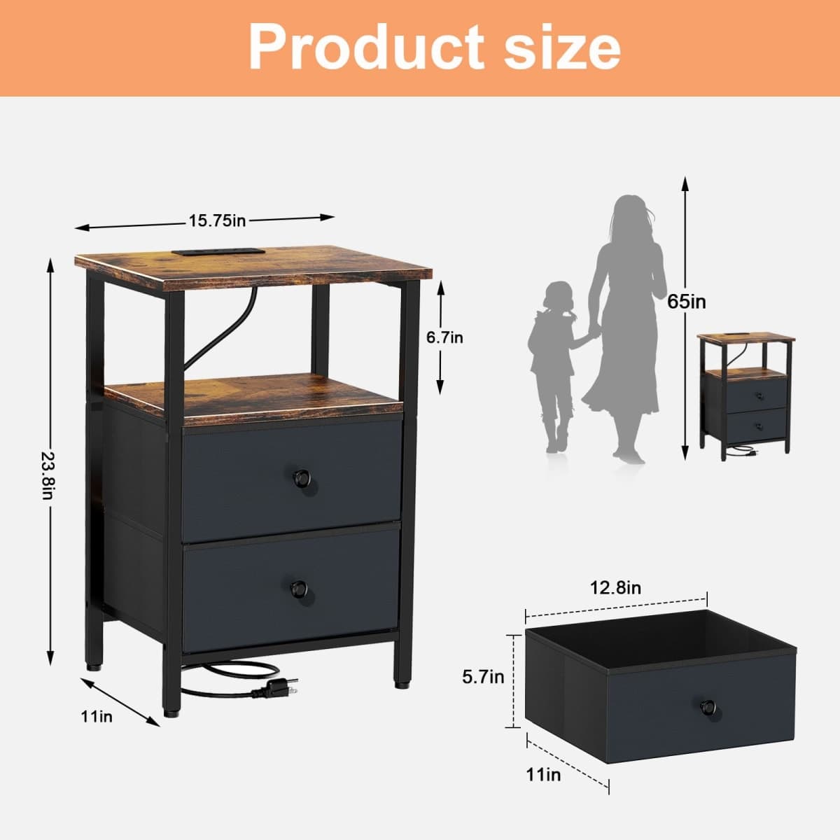 Smoproper Nightstand with Charging Station, Bedsid End Table with 2 Fabric Drawer for Bedroom, Side Tables Living Room with USB Ports and Outlets, Rustic Brown and Black thumbnail 5