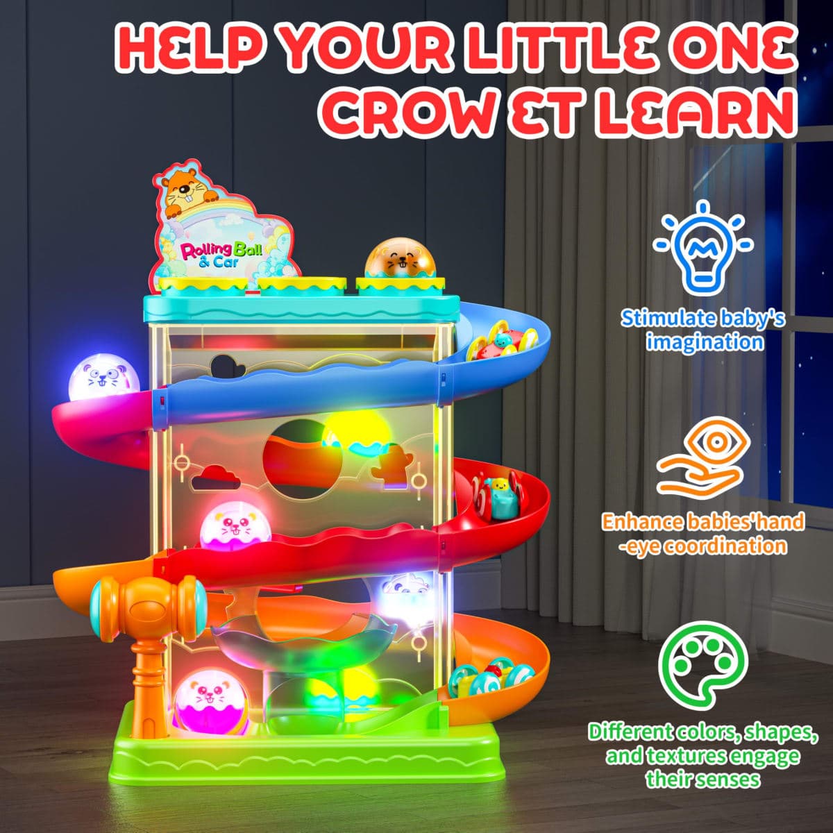 2-in-1 Rolling Ball & Car Ramp Race Track for Toddlers, Hammer Ball Drop Toy for Boys & Girls, Interactive Playset w/Sensor Lights - Montessori STEM Learning Toys for Kids 1-5+ Year Old thumbnail 2