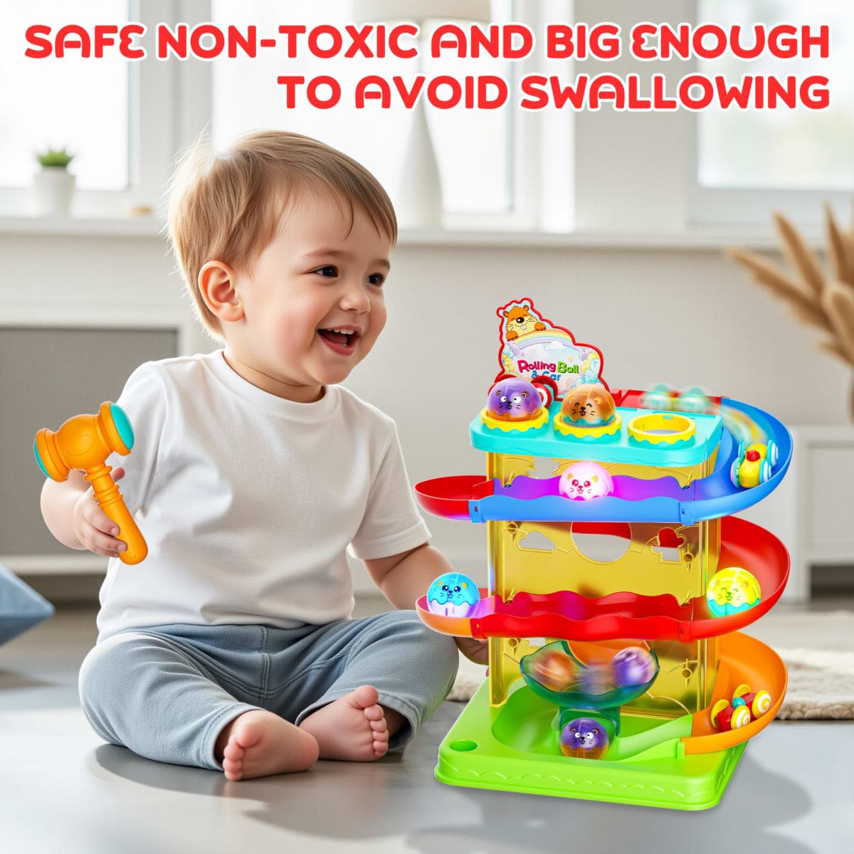 2-in-1 Rolling Ball & Car Ramp Race Track for Toddlers, Hammer Ball Drop Toy for Boys & Girls, Interactive Playset w/Sensor Lights - Montessori STEM Learning Toys for Kids 1-5+ Year Old thumbnail 3