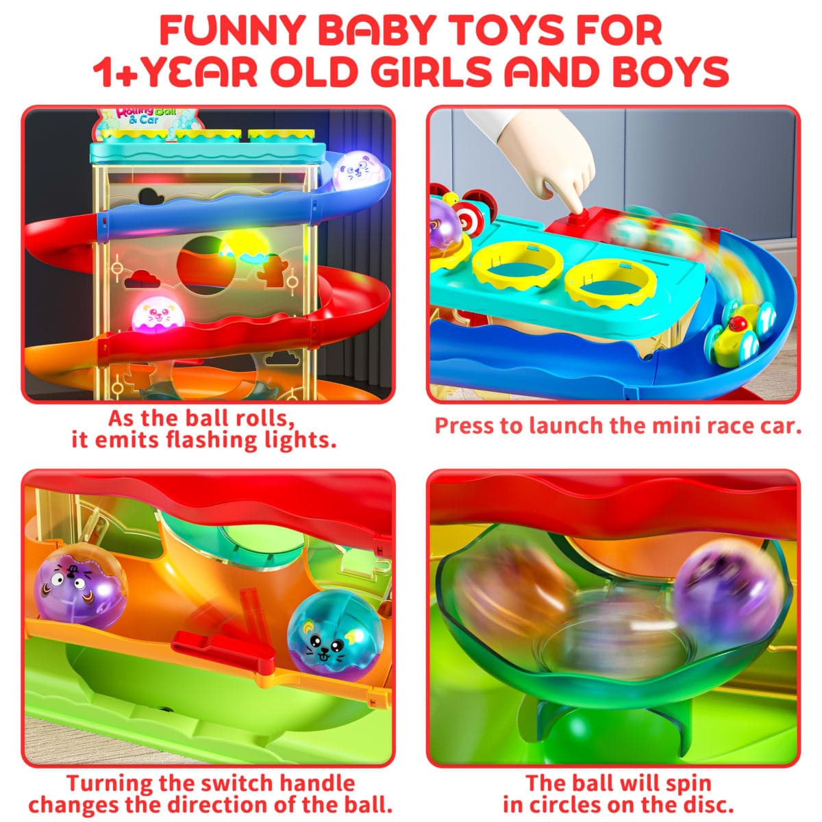2-in-1 Rolling Ball & Car Ramp Race Track for Toddlers, Hammer Ball Drop Toy for Boys & Girls, Interactive Playset w/Sensor Lights - Montessori STEM Learning Toys for Kids 1-5+ Year Old thumbnail 4