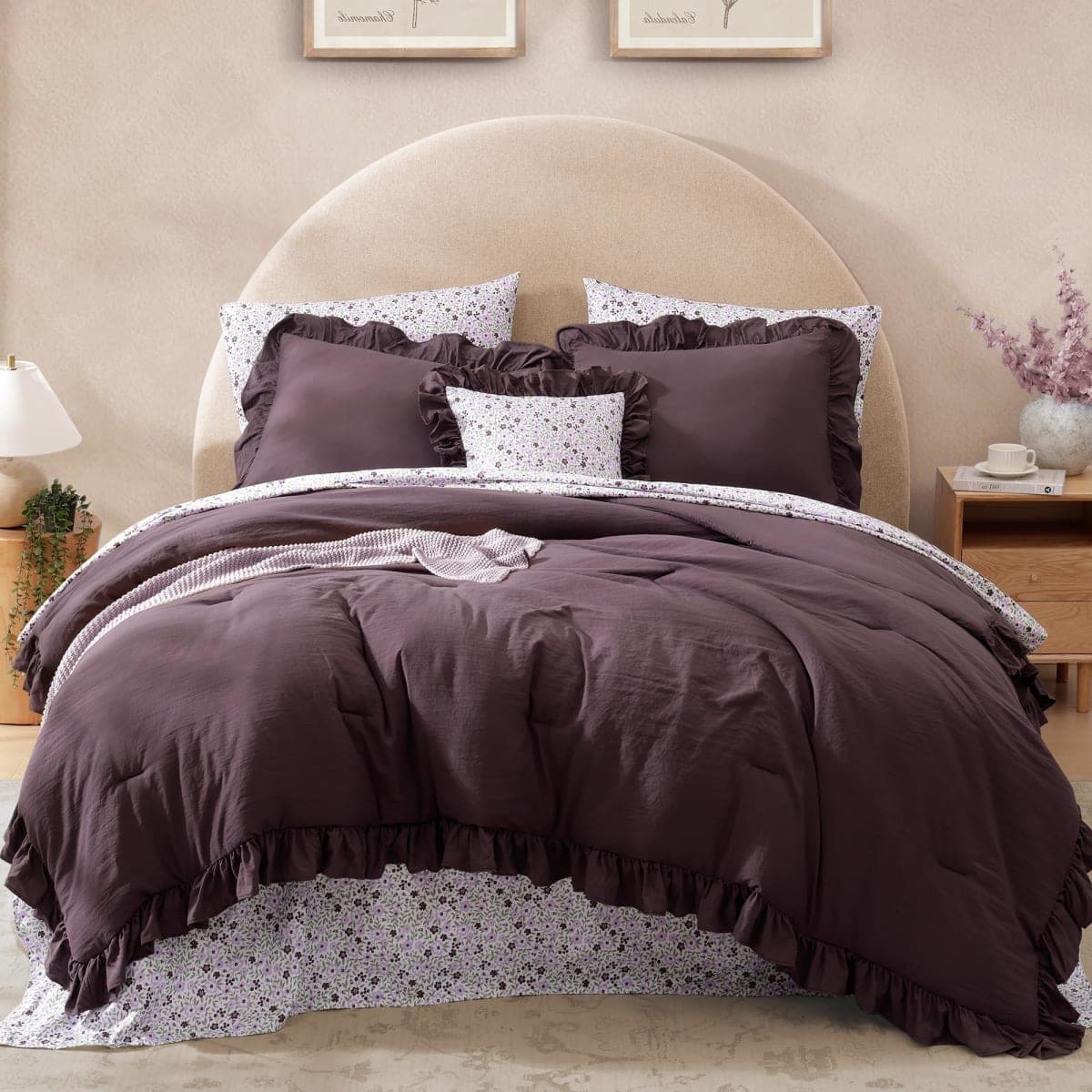 BLOOMHAVEN King Comforter Set - 7 Pieces Ruffle Purple Bedding Sets, Shabby Chic Farmhouse Bed in a Bag King with Ruffle Comforter, Floral Sheets, Pillowcases & Shams — image 1