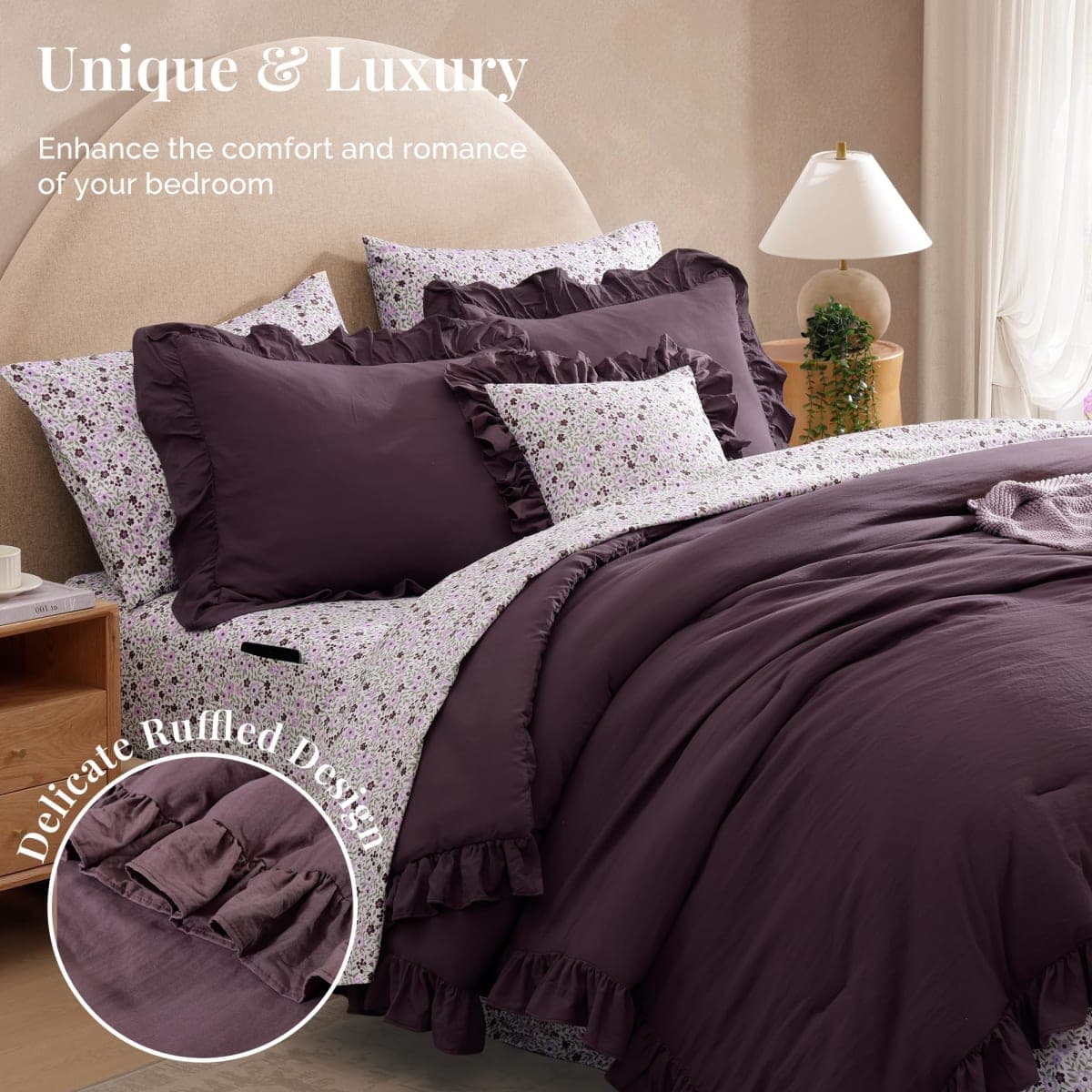 BLOOMHAVEN King Comforter Set - 7 Pieces Ruffle Purple Bedding Sets, Shabby Chic Farmhouse Bed in a Bag King with Ruffle Comforter, Floral Sheets, Pillowcases & Shams thumbnail 2
