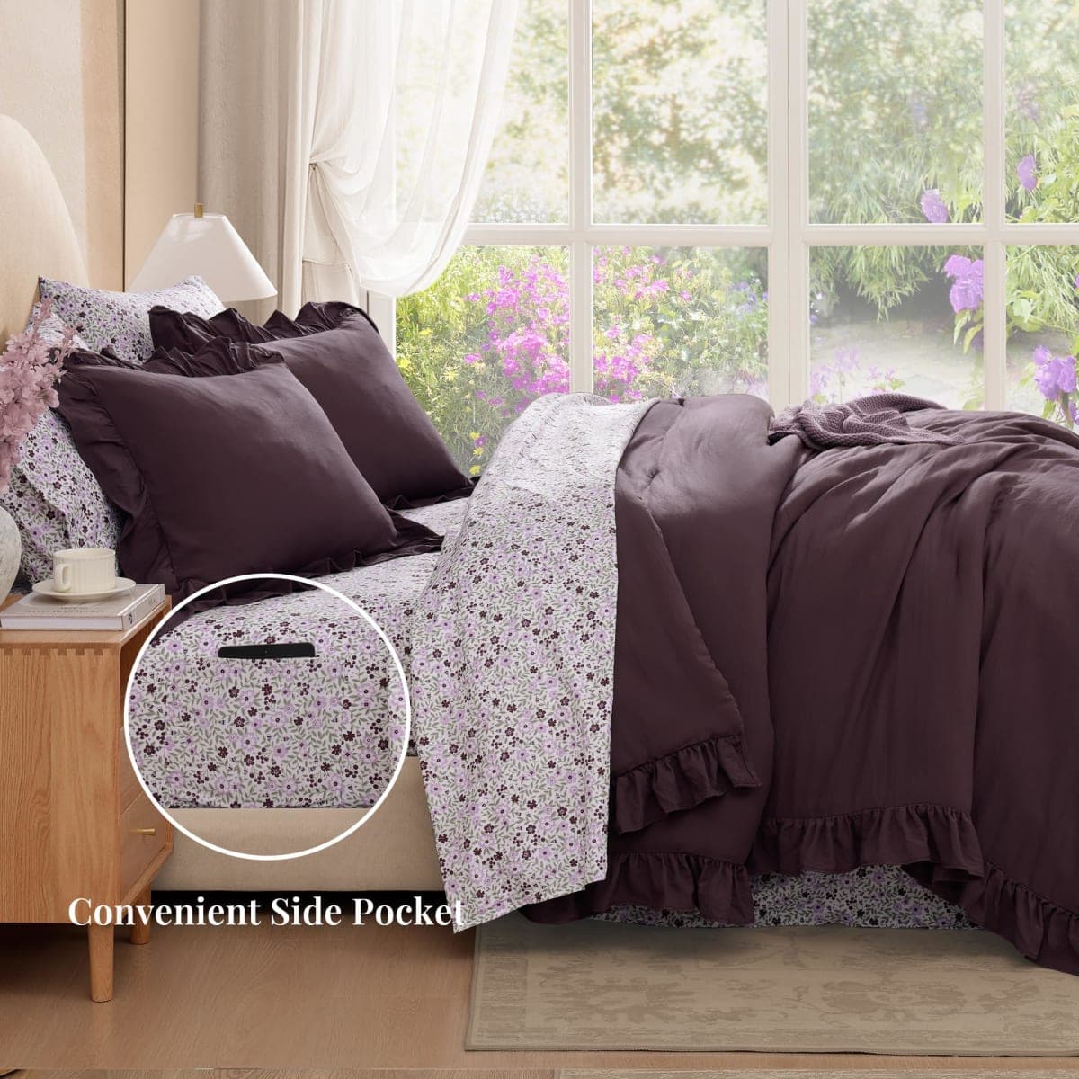 BLOOMHAVEN King Comforter Set - 7 Pieces Ruffle Purple Bedding Sets, Shabby Chic Farmhouse Bed in a Bag King with Ruffle Comforter, Floral Sheets, Pillowcases & Shams thumbnail 3